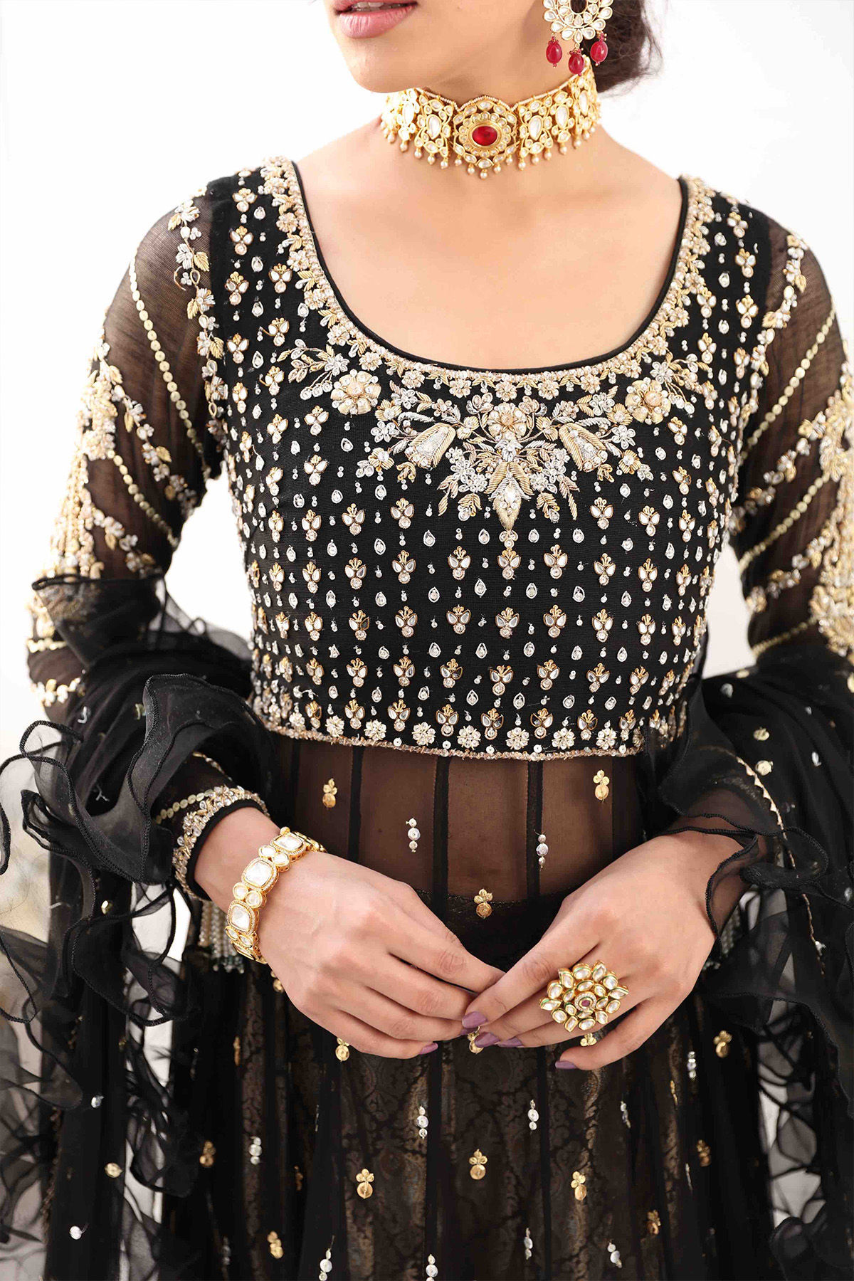 Pakistani Black Embellished Pure Chiffon Pishwas (3-Piece) - Image 7