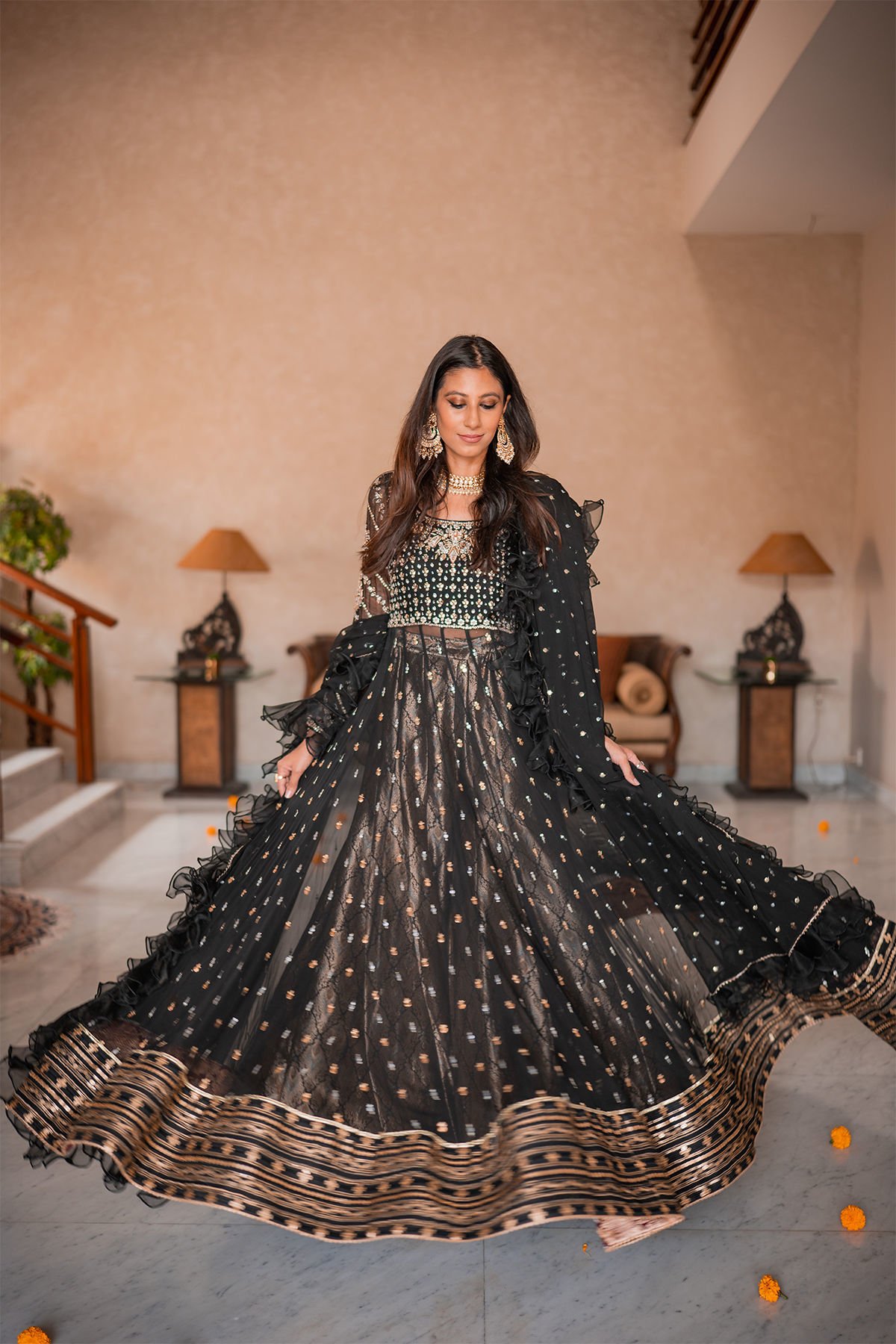 Pakistani Black Embellished Pure Chiffon Pishwas (3-Piece) - Image 8