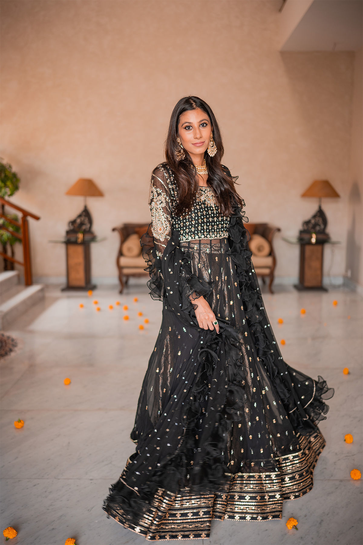 Pakistani Black Embellished Pure Chiffon Pishwas (3-Piece) - Image 9