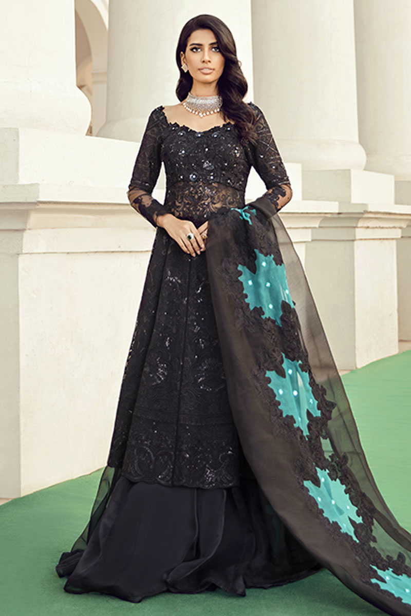 Black Embroidered Cotton Net Pishwas (2-Piece) - Image 1