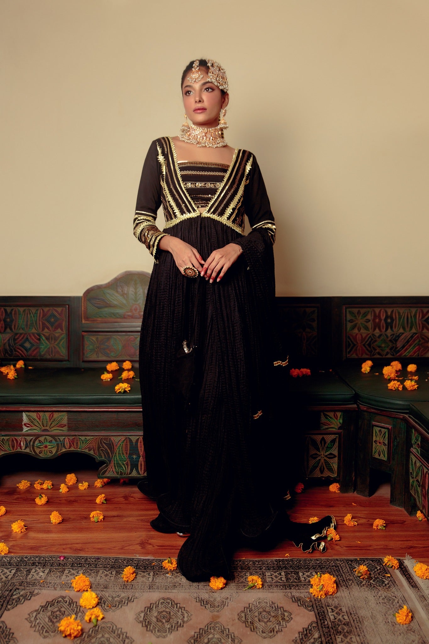 Black Gota Zari Cotton Silk Pishwas (3-Piece) - Image 1