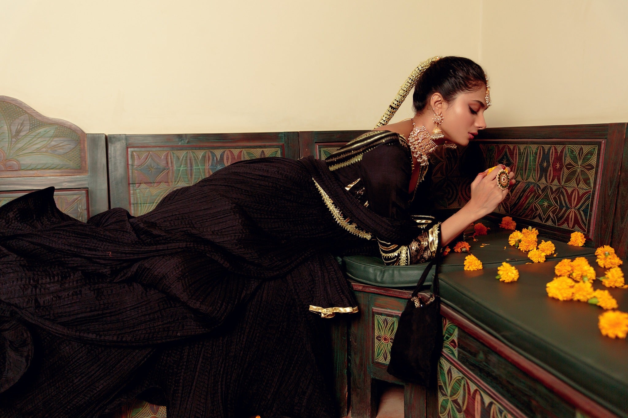 Black Gota Zari Cotton Silk Pishwas (3-Piece) - Image 2