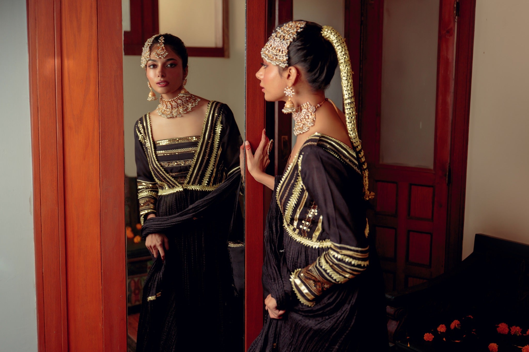 Black Gota Zari Cotton Silk Pishwas (3-Piece) - Image 3