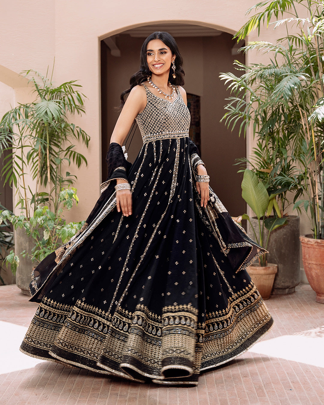 Pakistani Black Embroidered Karandi Pishwas Dress (3-Piece) - Image 2