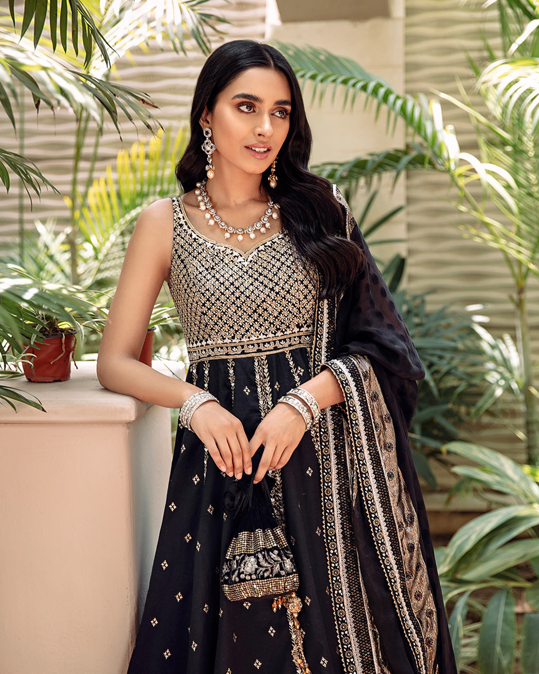 Pakistani Black Embroidered Karandi Pishwas Dress (3-Piece) - Image 3