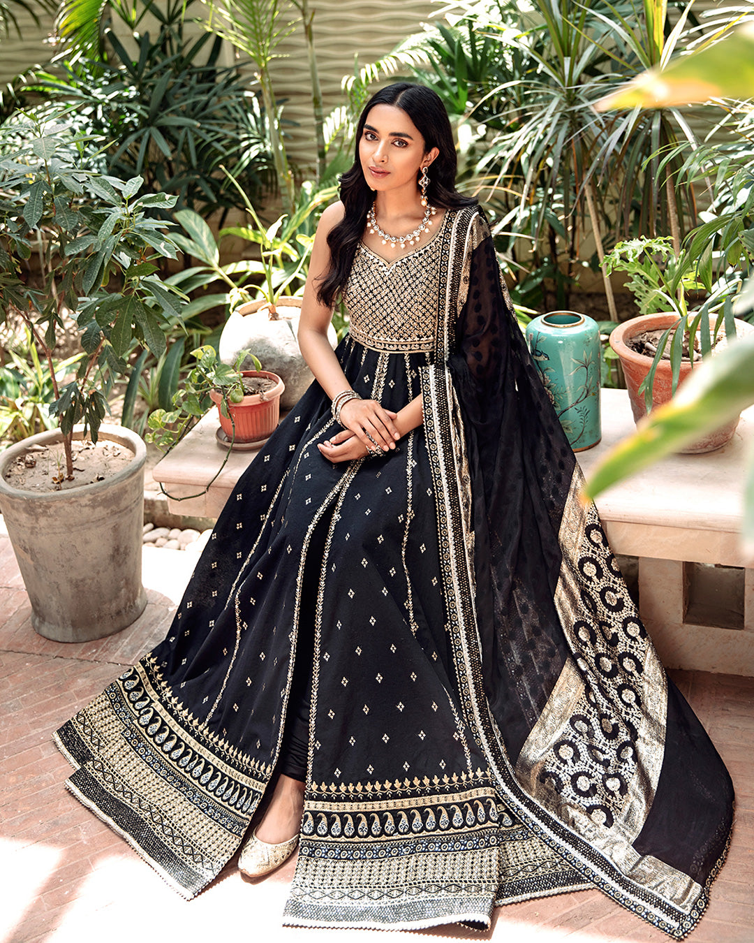 Pakistani Black Embroidered Karandi Pishwas Dress (3-Piece) - Image 4