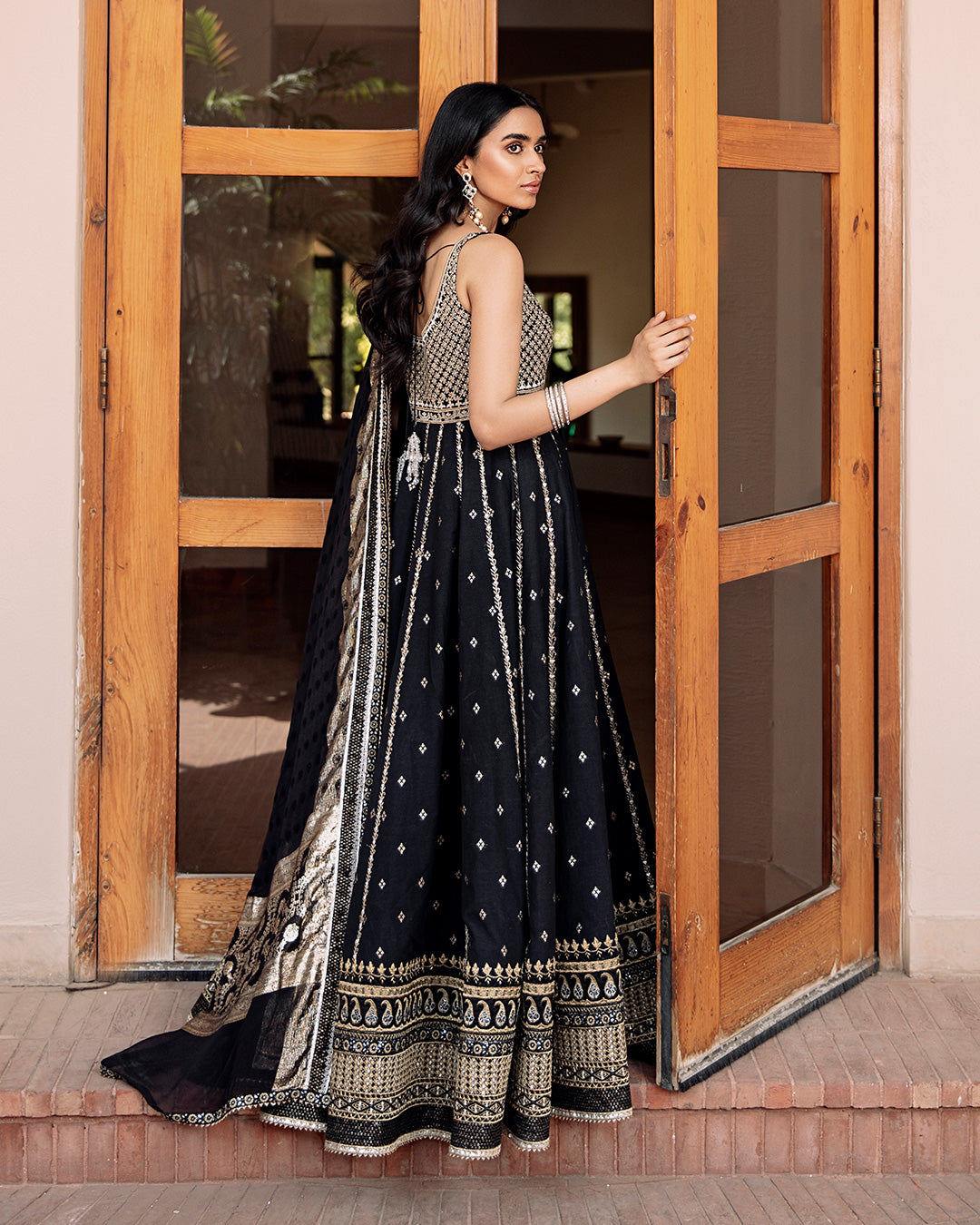 Pakistani Black Embroidered Karandi Pishwas Dress (3-Piece) - Image 5
