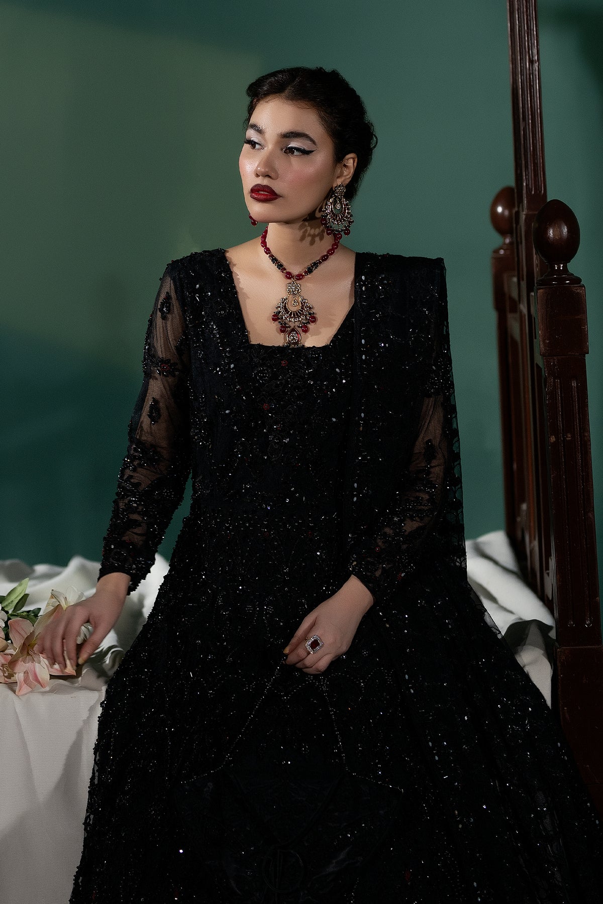 Black Crystal & Dabka Embellished Net Silk Pishwas (2-Piece) - Image 1