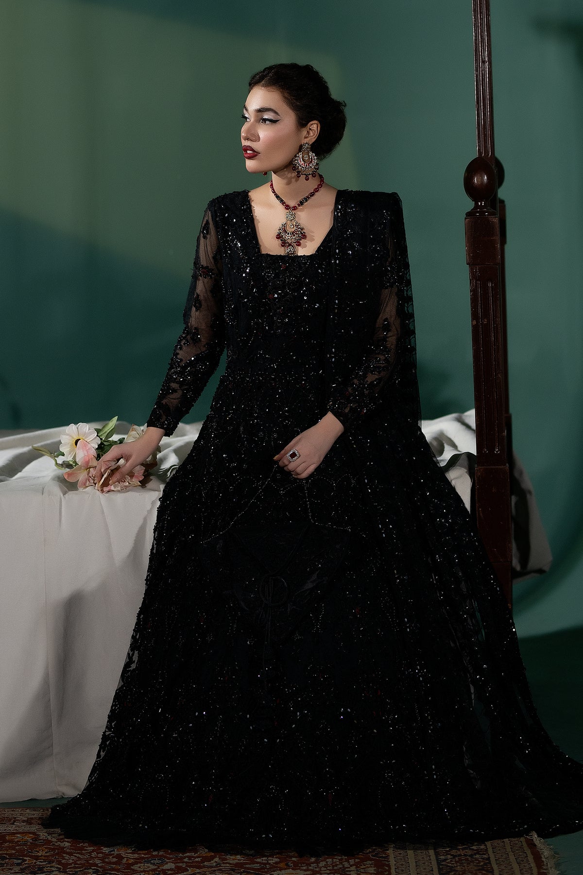 Black Crystal & Dabka Embellished Net Silk Pishwas (2-Piece) - Image 2