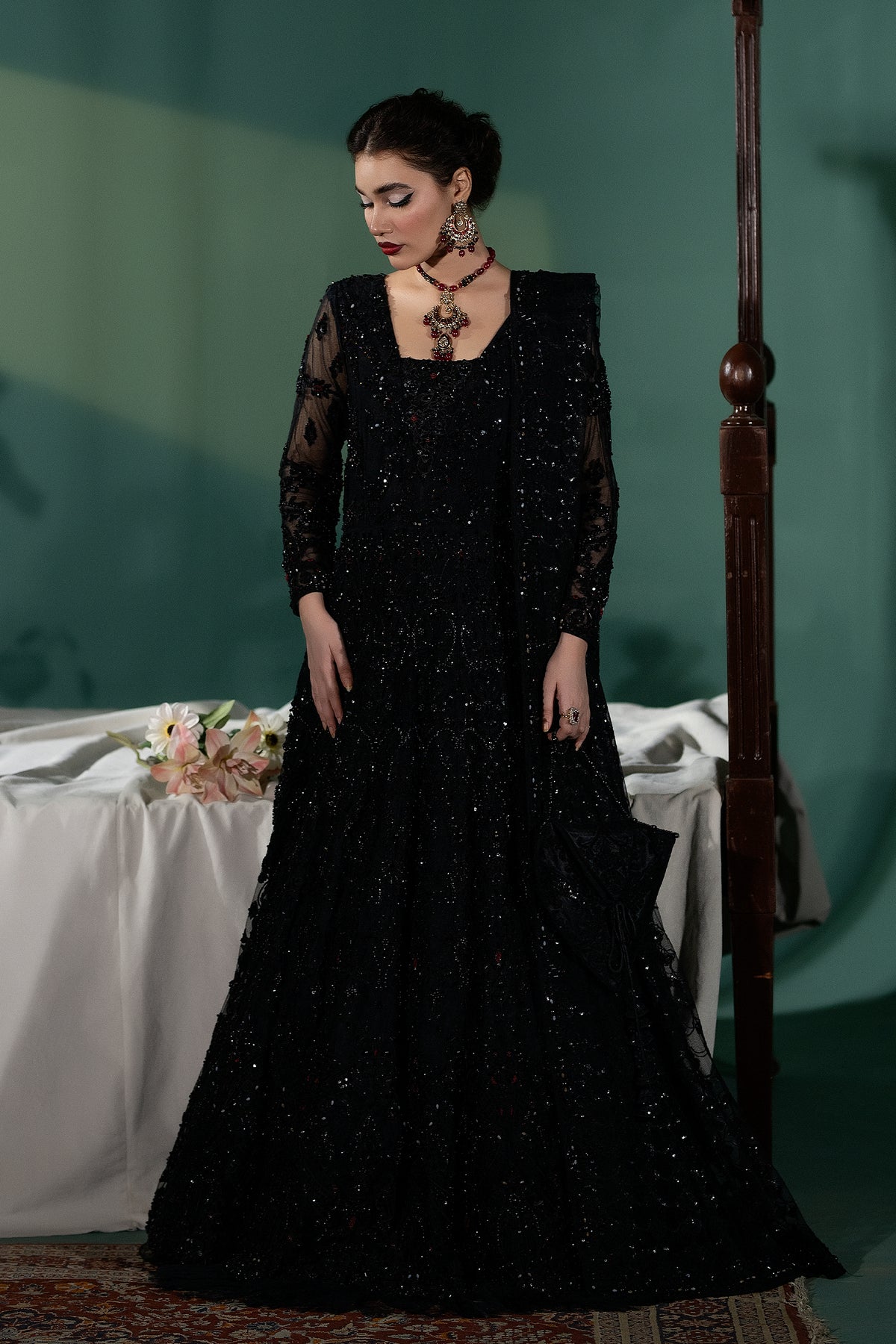 Black Crystal & Dabka Embellished Net Silk Pishwas (2-Piece) - Image 3