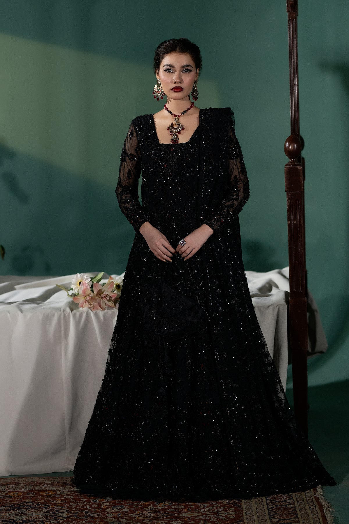 Black Crystal & Dabka Embellished Net Silk Pishwas (2-Piece) - Image 4