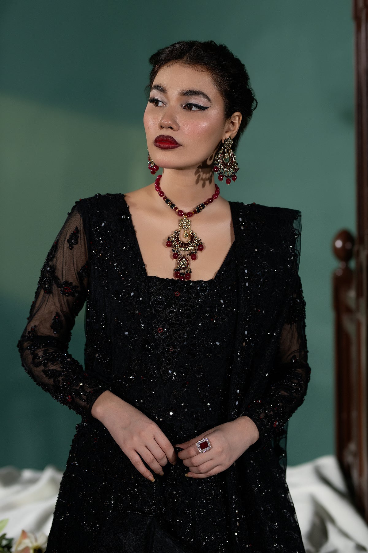 Black Crystal & Dabka Embellished Net Silk Pishwas (2-Piece) - Image 5