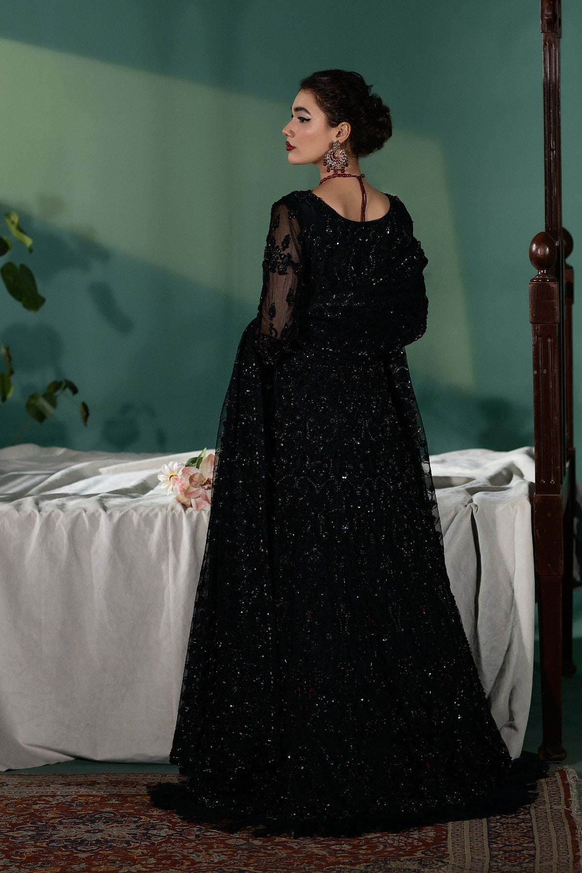 Black Crystal & Dabka Embellished Net Silk Pishwas (2-Piece) - Image 6