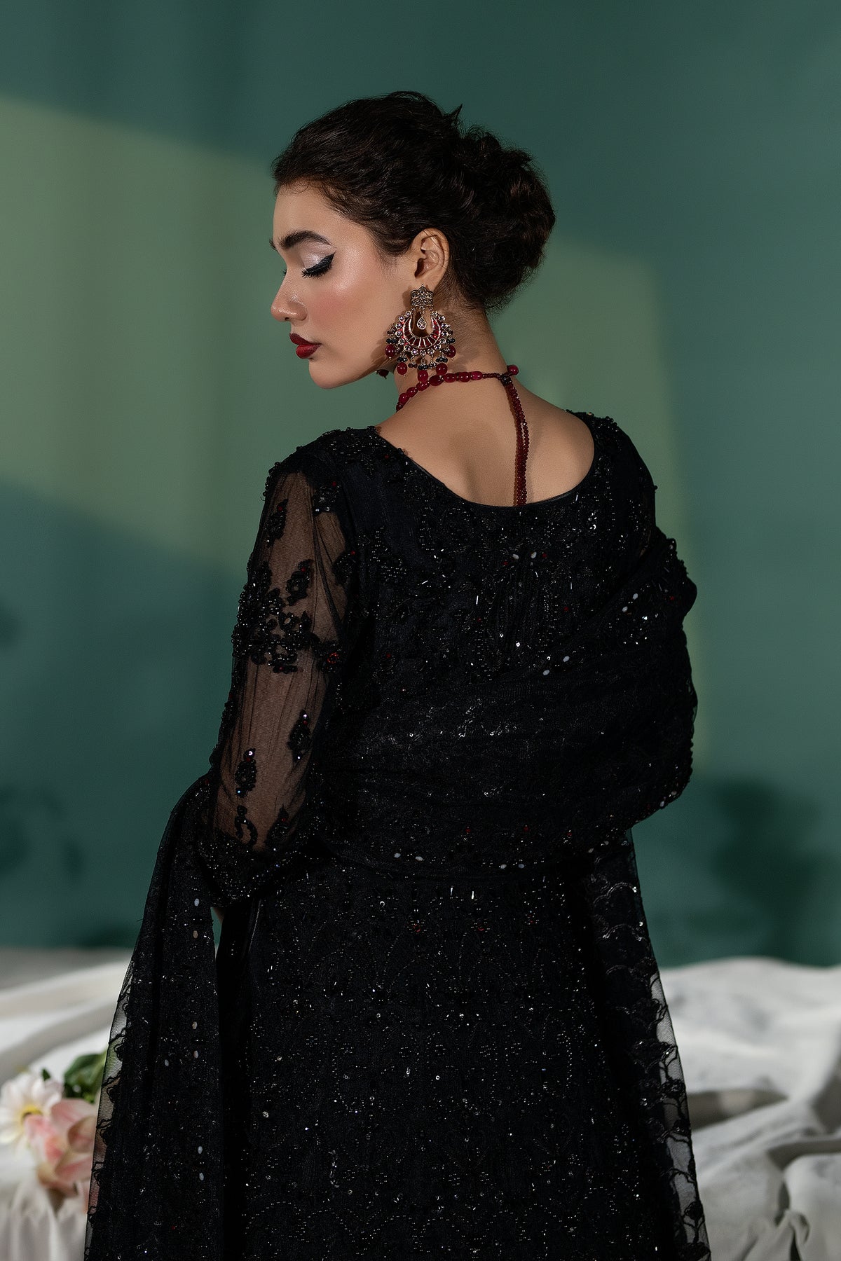 Black Crystal & Dabka Embellished Net Silk Pishwas (2-Piece) - Image 7