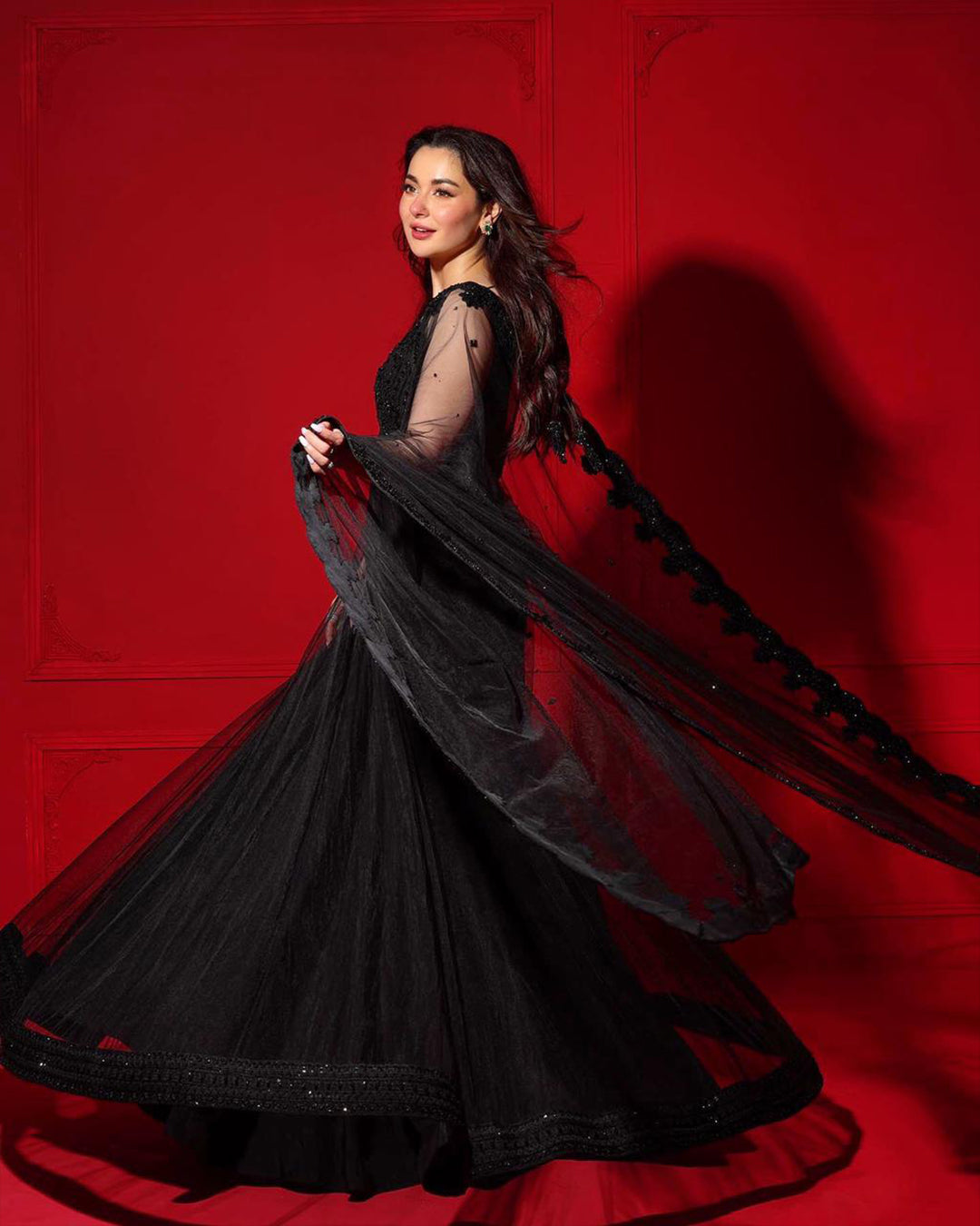 Pakistani Black Hand-Embellished Net Pishwas (3-Piece) - Image 1