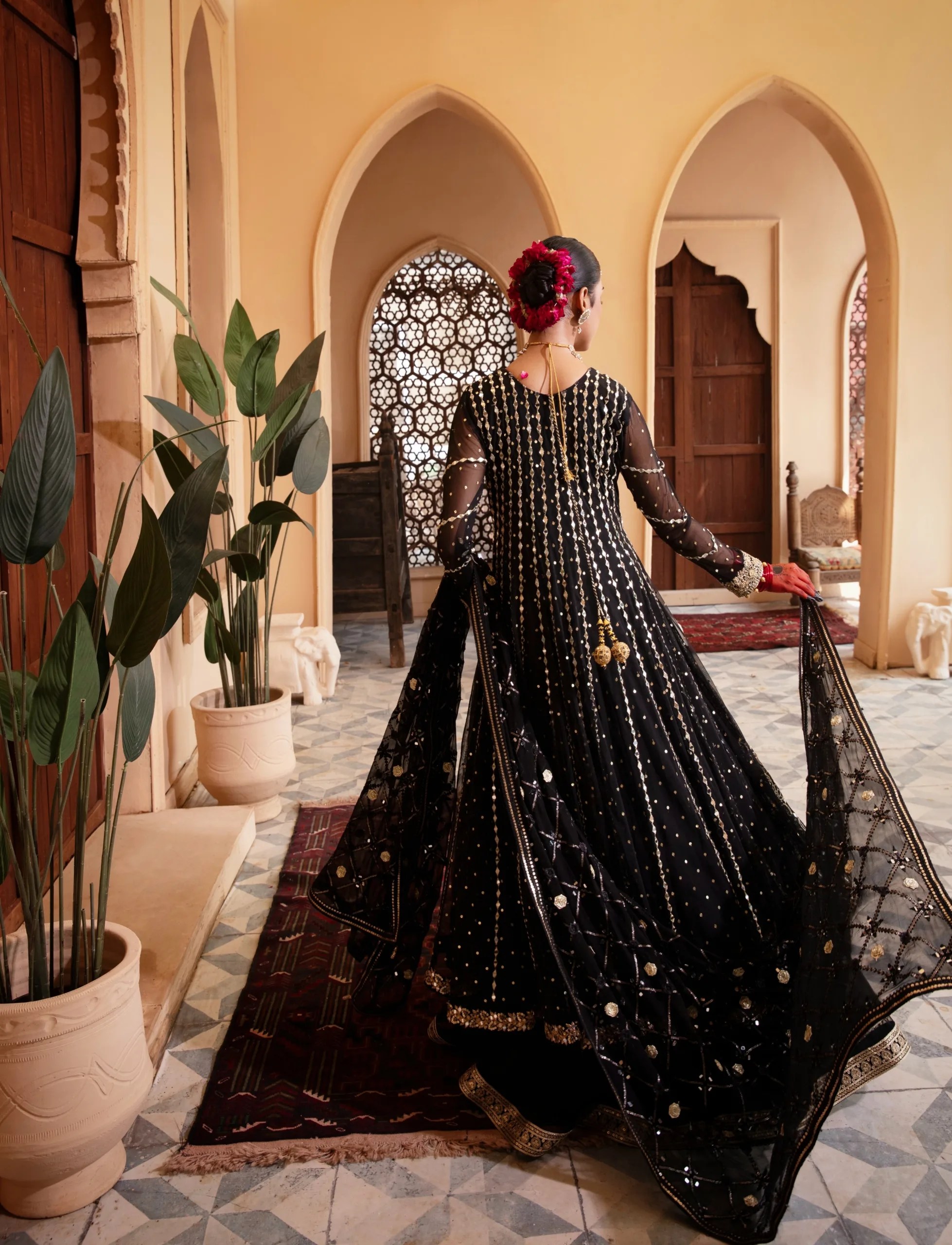 Pakistani Black Embellished Net Pishwas Dress (3-Piece) - Image 2