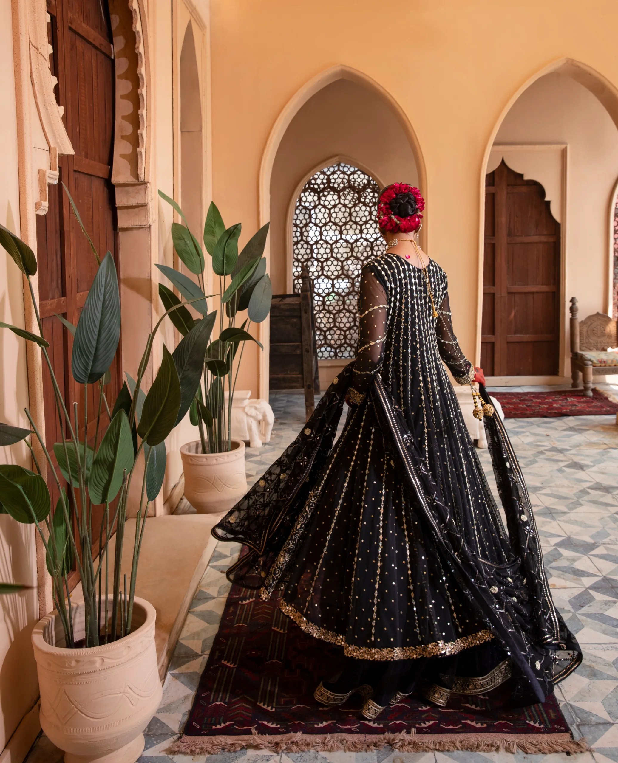 Pakistani Black Embellished Net Pishwas Dress (3-Piece) - Image 3