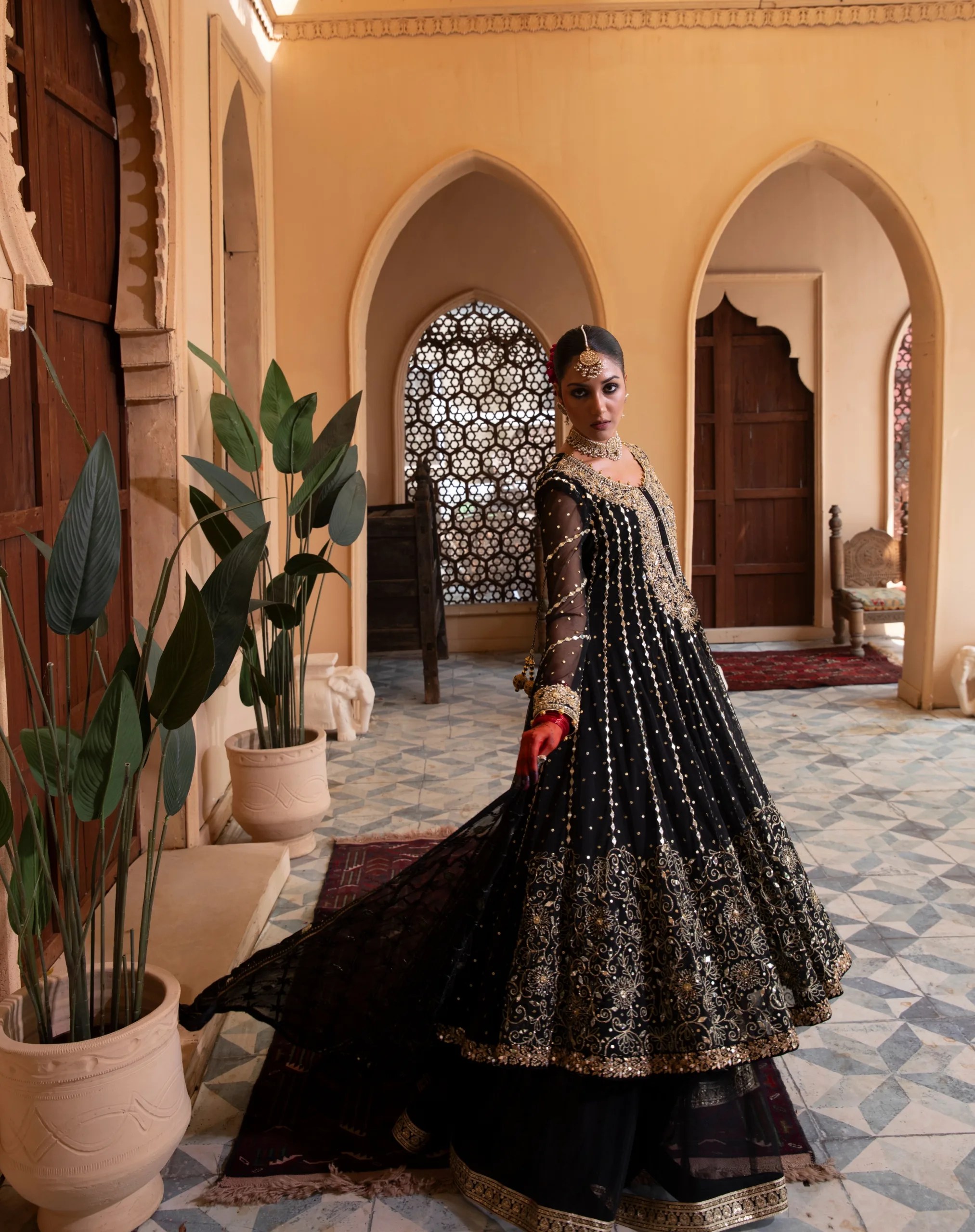 Pakistani Black Embellished Net Pishwas Dress (3-Piece) - Image 4