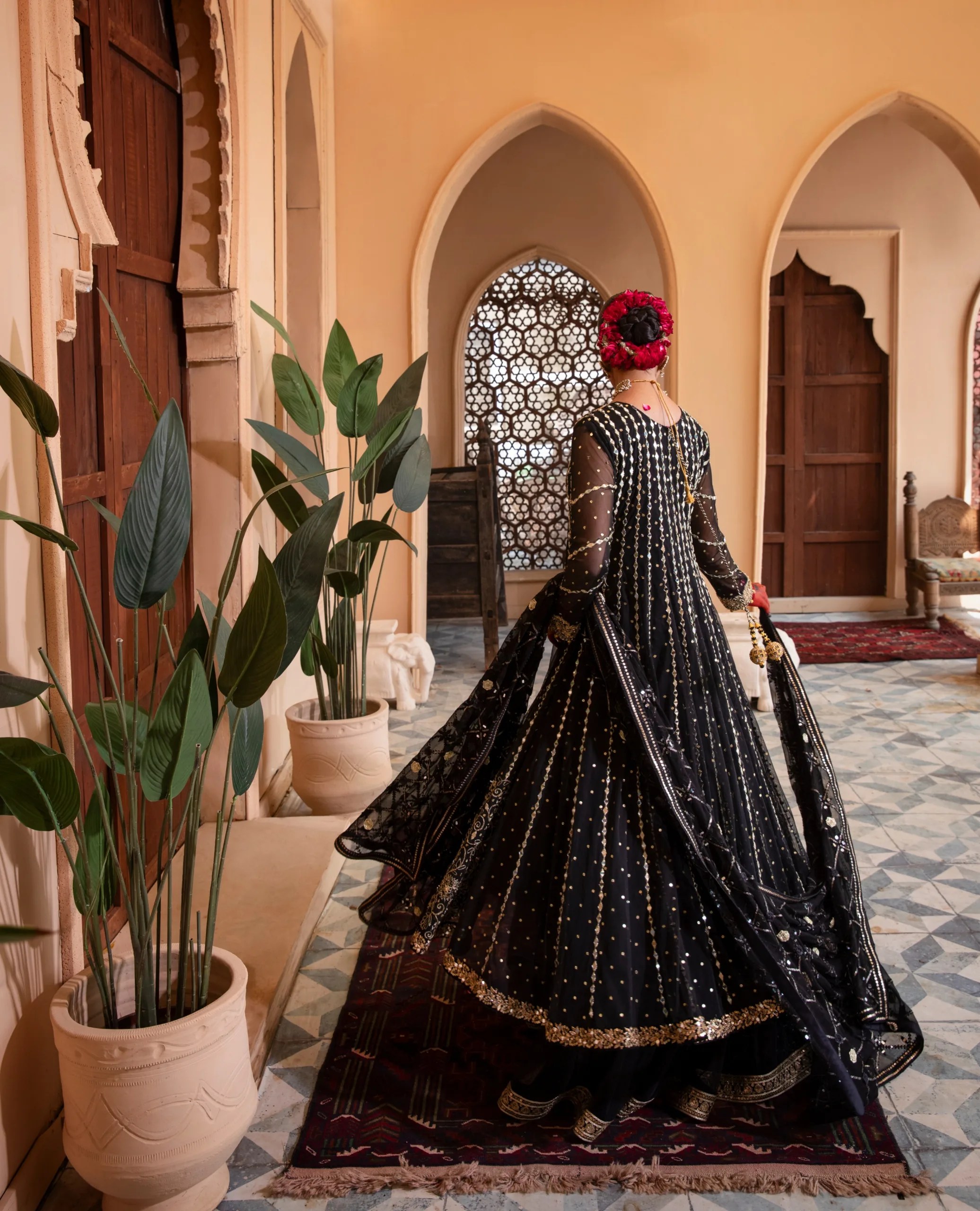 Pakistani Black Embellished Net Pishwas Dress (3-Piece) - Image 7