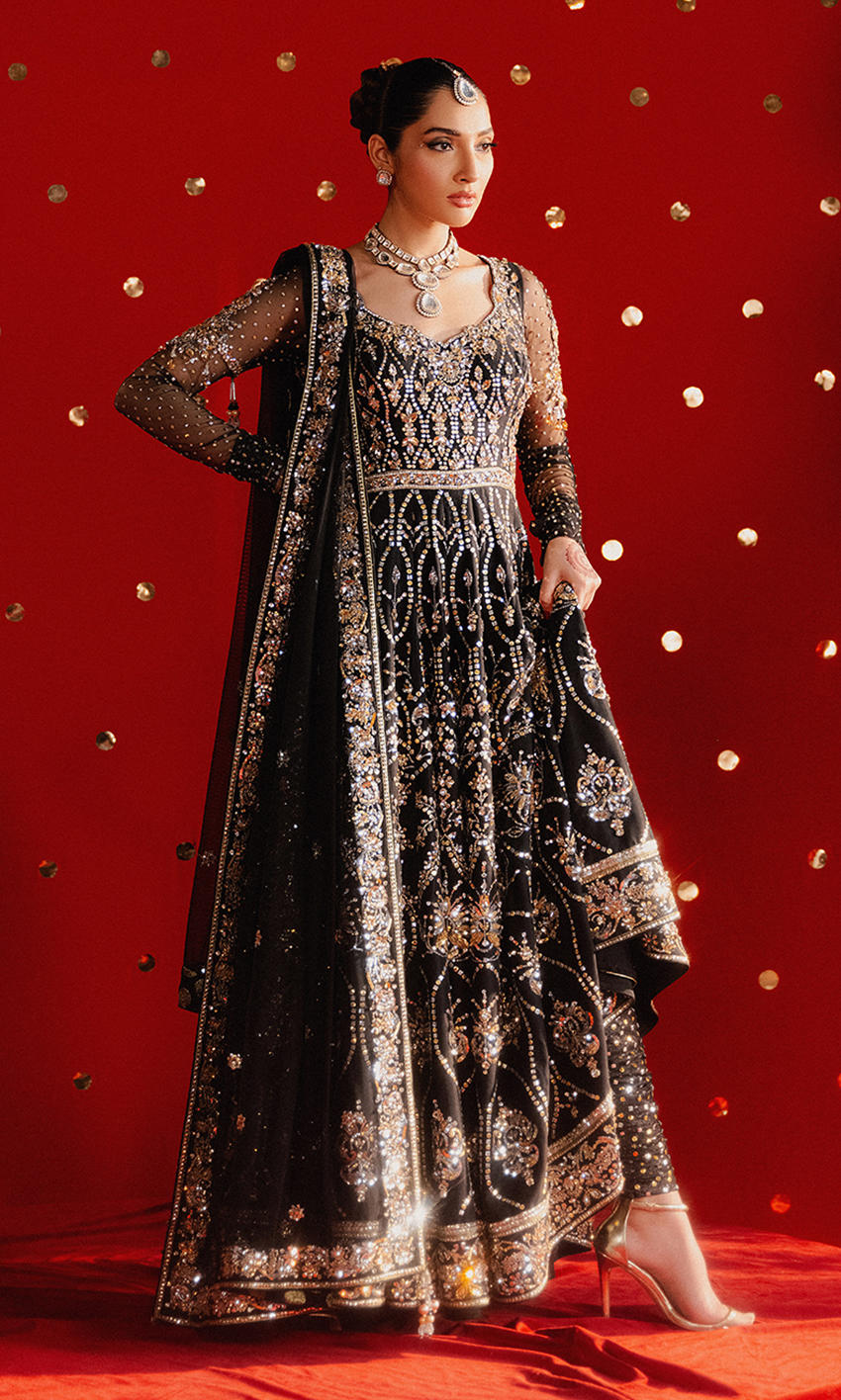 Black Sequin & Crystal Net Pishwas (3-Piece) - Image 1