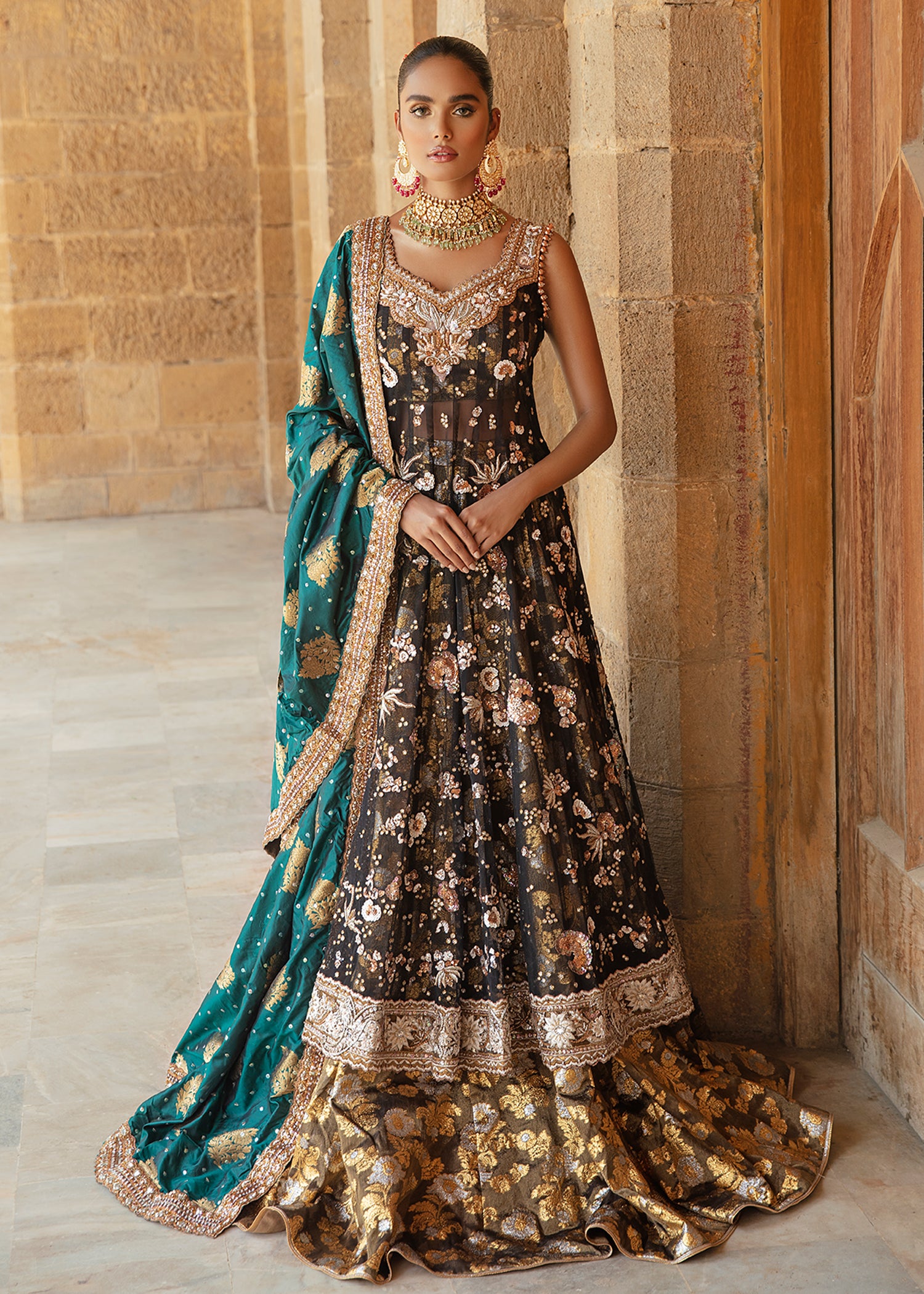 Pakistani Black Embellished Net Pishwas Dress (3-Piece) - Image 1