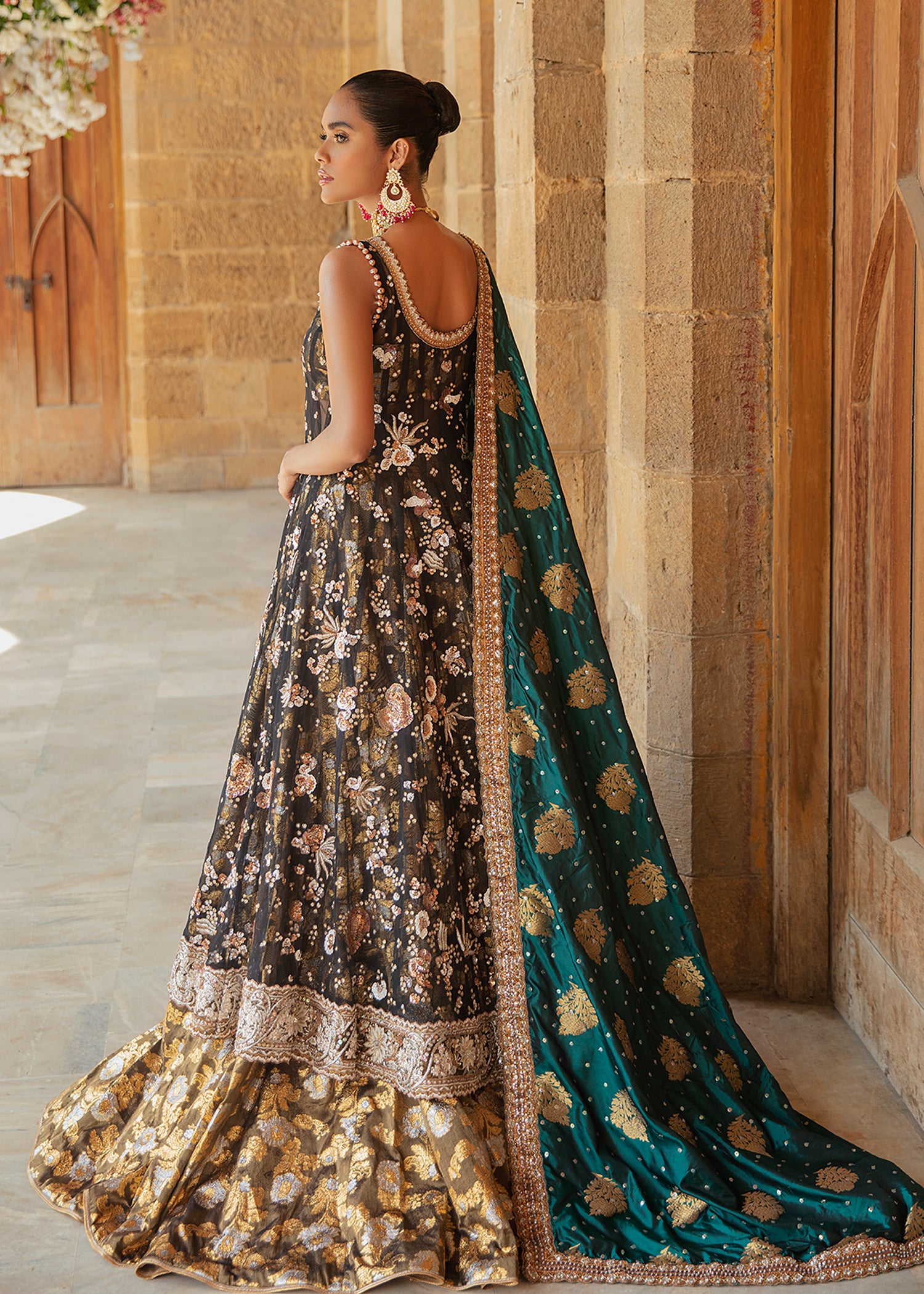 Pakistani Black Embellished Net Pishwas Dress (3-Piece) - Image 2