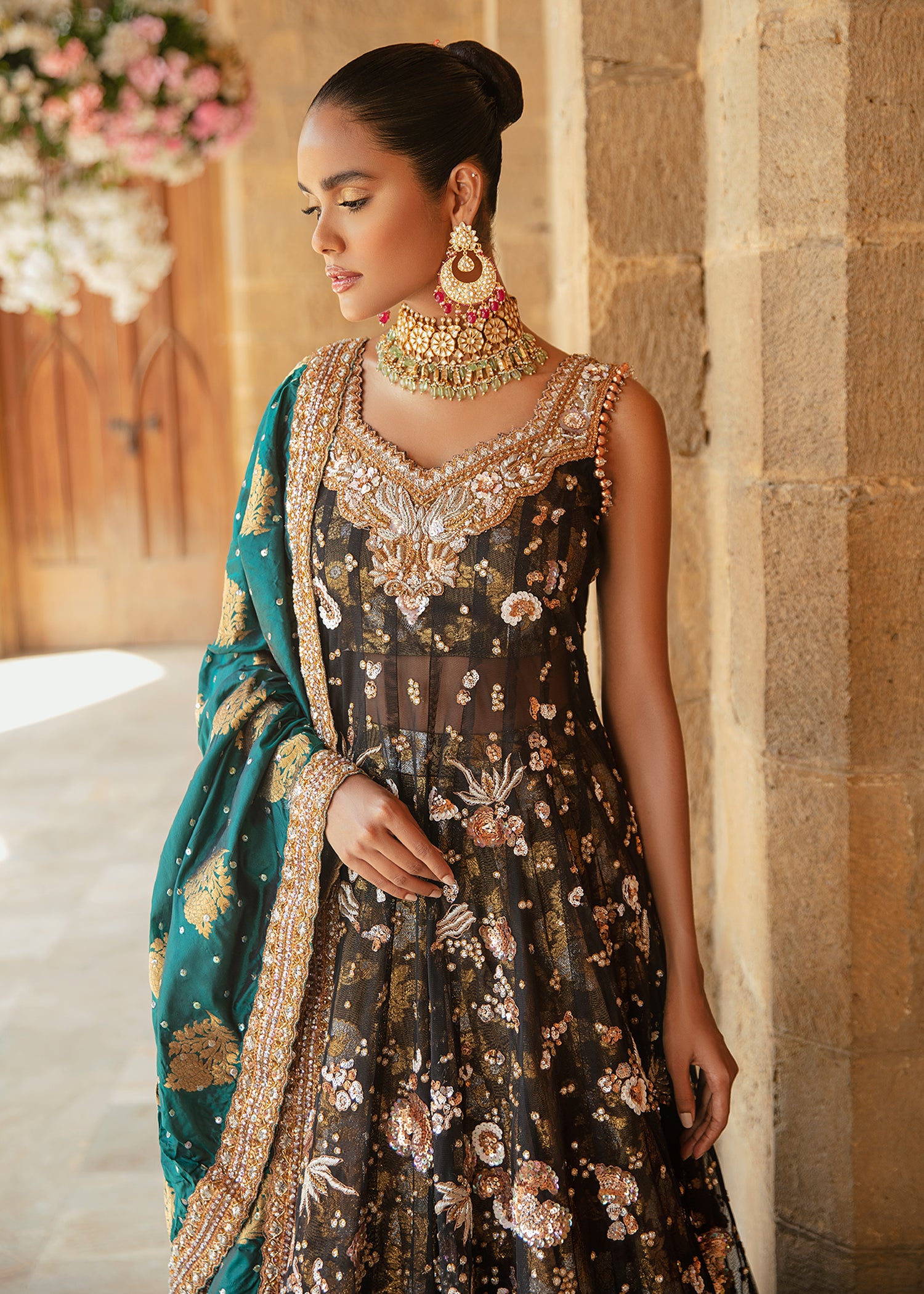 Pakistani Black Embellished Net Pishwas Dress (3-Piece) - Image 4