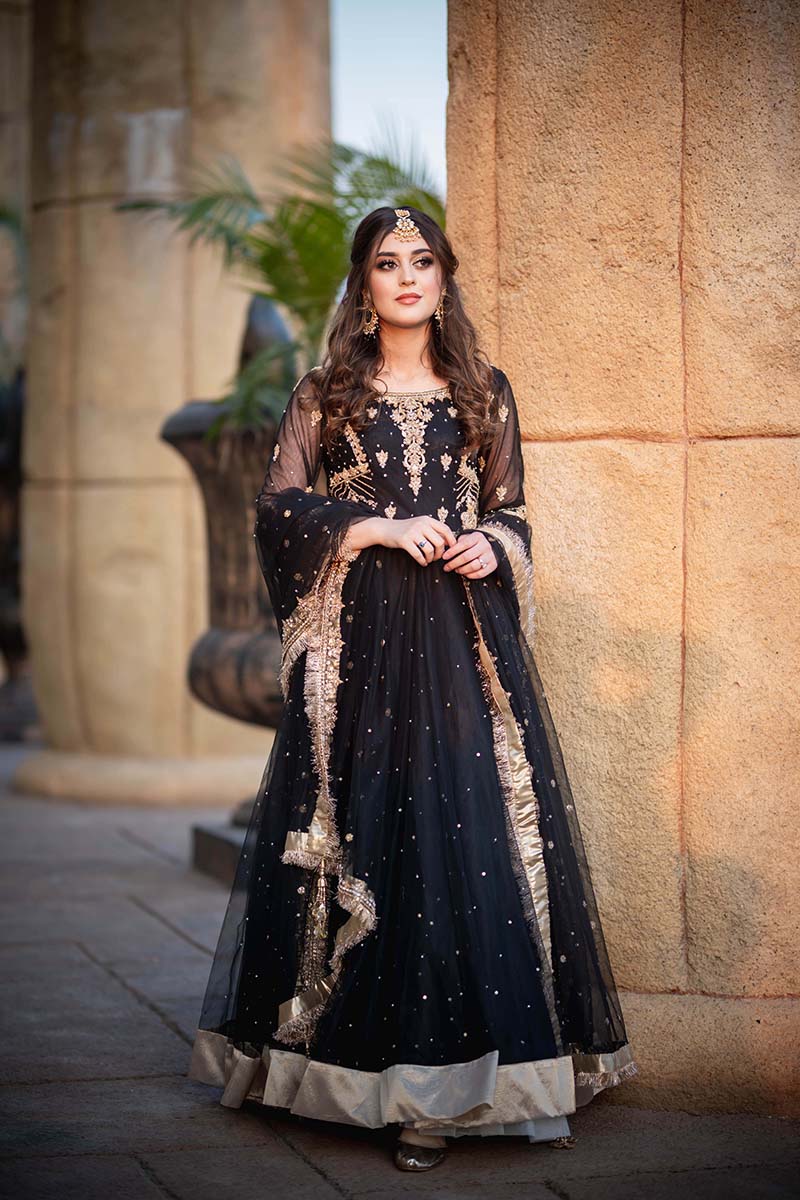 Black Embellished Net Pishwas Dress (2-Piece) - Image 1