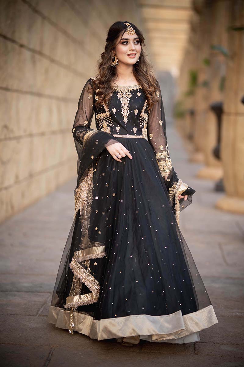 Black Embellished Net Pishwas Dress (2-Piece) - Image 3