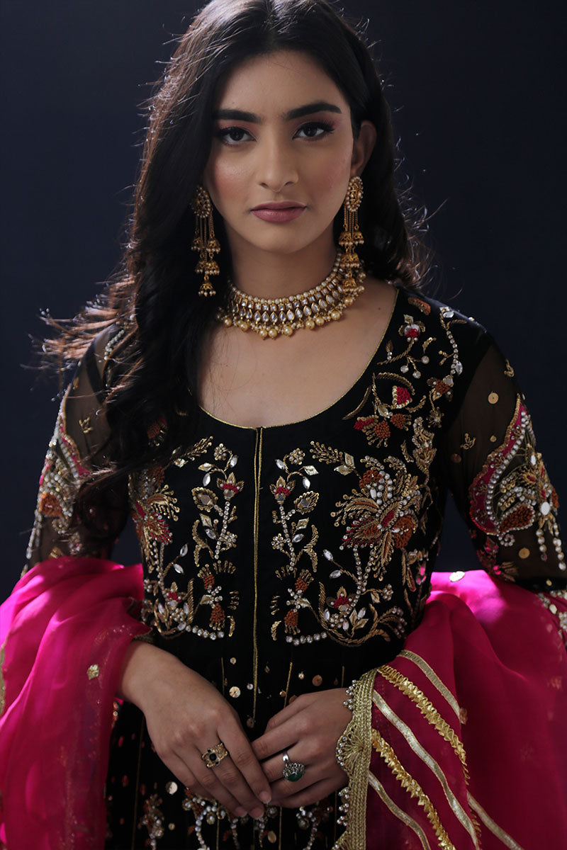 Pakistani Black Embellished Net Kalidar Pishwas (3-Piece) - Image 4