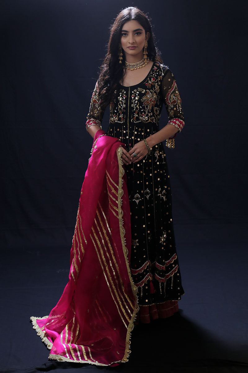 Pakistani Black Embellished Net Kalidar Pishwas (3-Piece) - Image 8