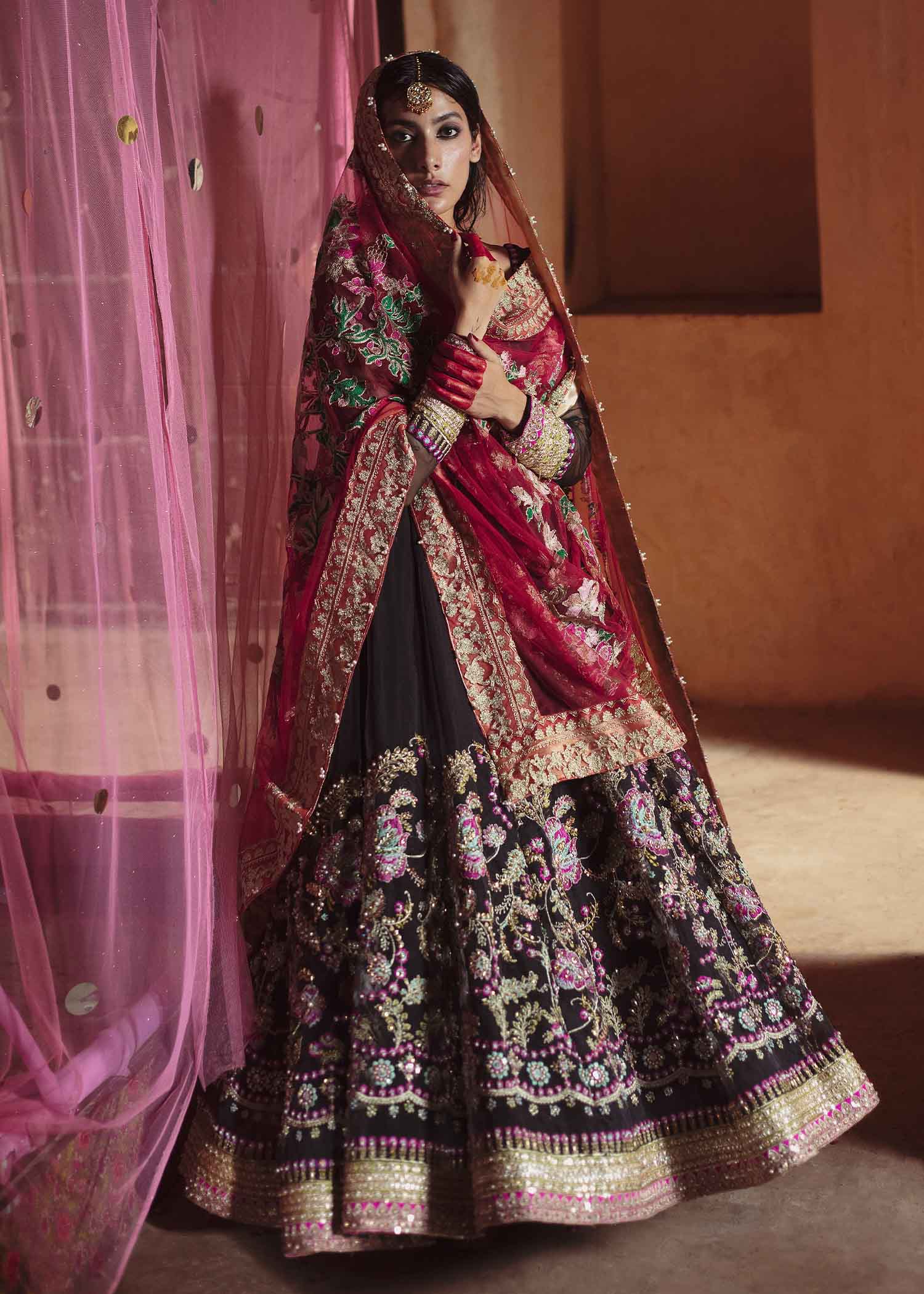 Pakistani Black Embroidered Organza Pishwas Dress (3-Piece) - Image 1