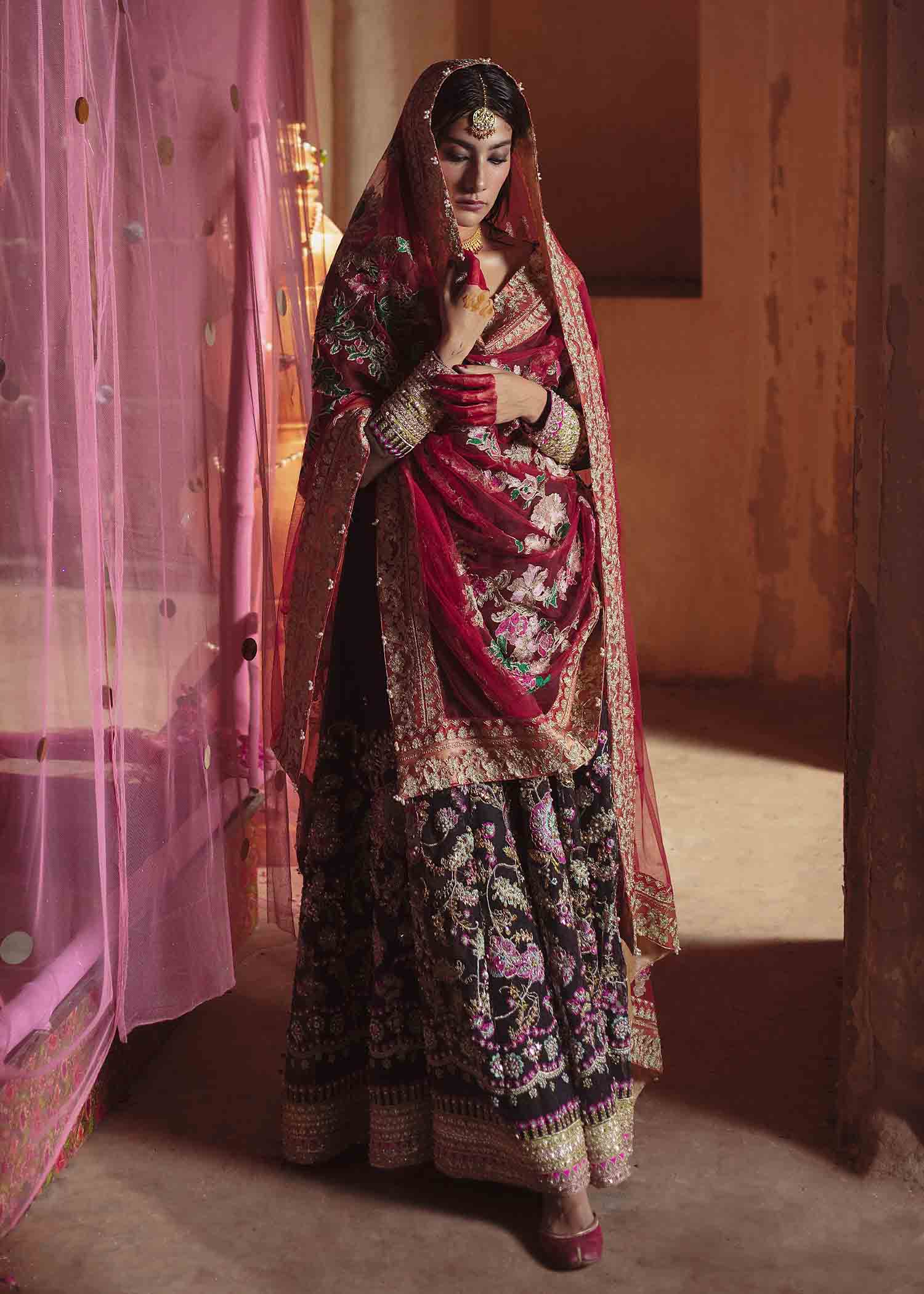 Pakistani Black Embroidered Organza Pishwas Dress (3-Piece) - Image 3