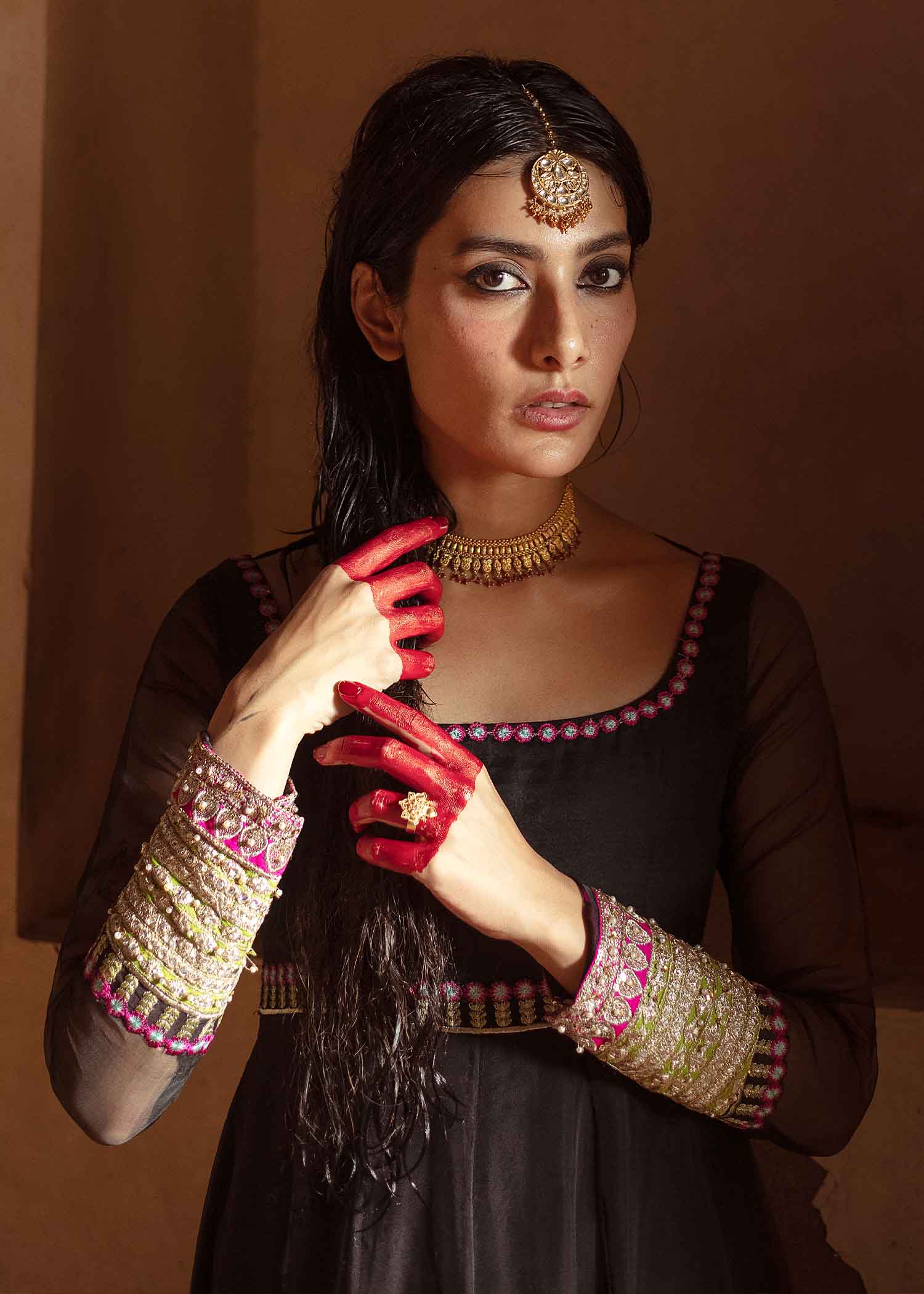 Pakistani Black Embroidered Organza Pishwas Dress (3-Piece) - Image 4