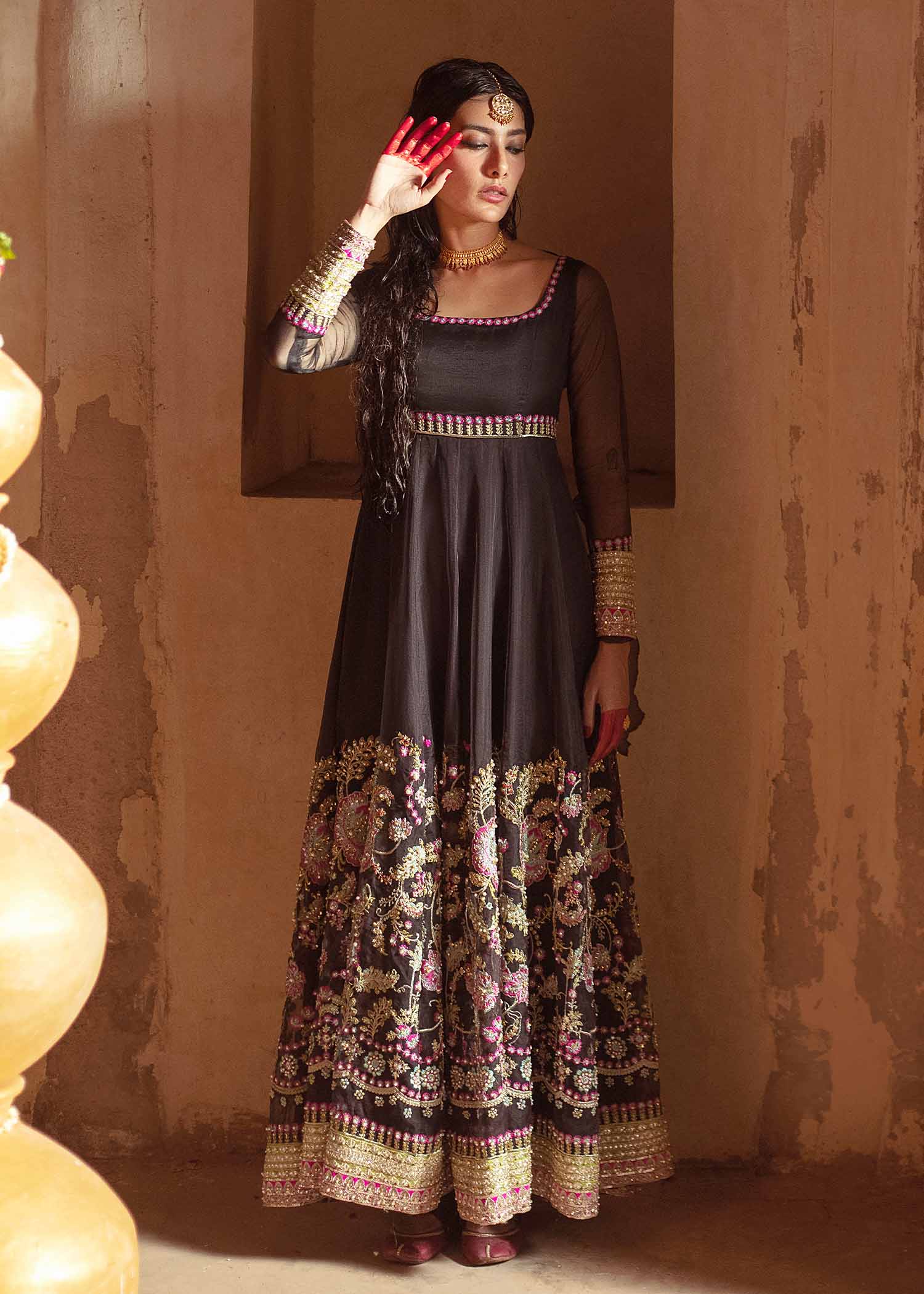 Pakistani Black Embroidered Organza Pishwas Dress (3-Piece) - Image 5