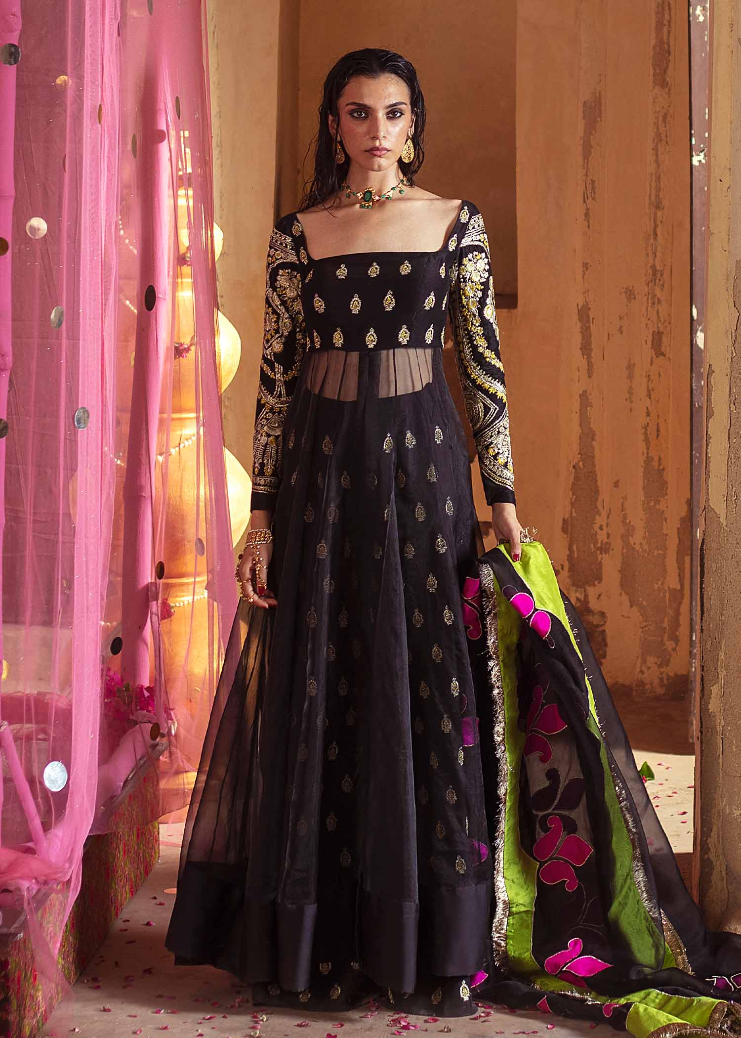 Pakistani Black Resham Embroidered Organza Pishwas (3-Piece) - Image 1