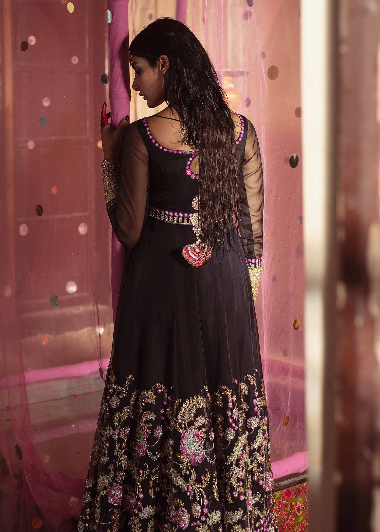 Pakistani Black Resham Embroidered Organza Pishwas (3-Piece) - Image 4