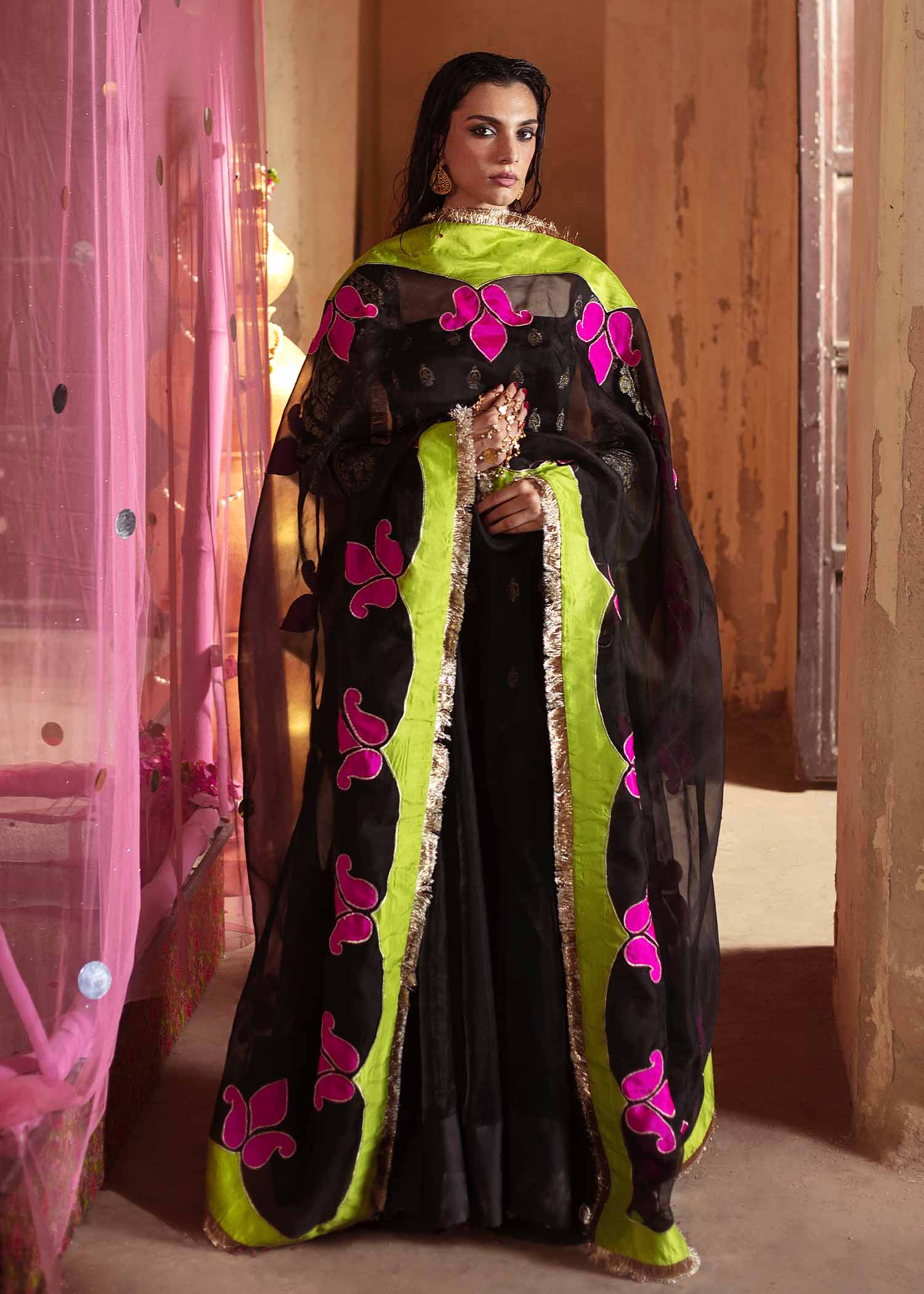 Pakistani Black Resham Embroidered Organza Pishwas (3-Piece) - Image 5