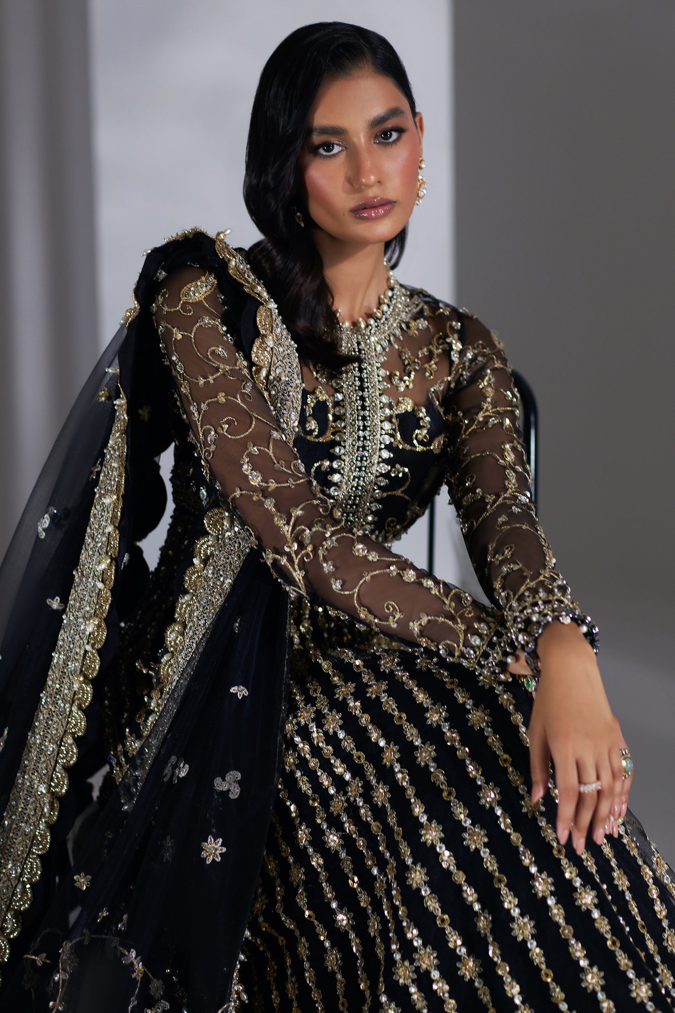 Pakistani Black Embroidered Organza Pishwas Dress (2-Piece) - Image 5