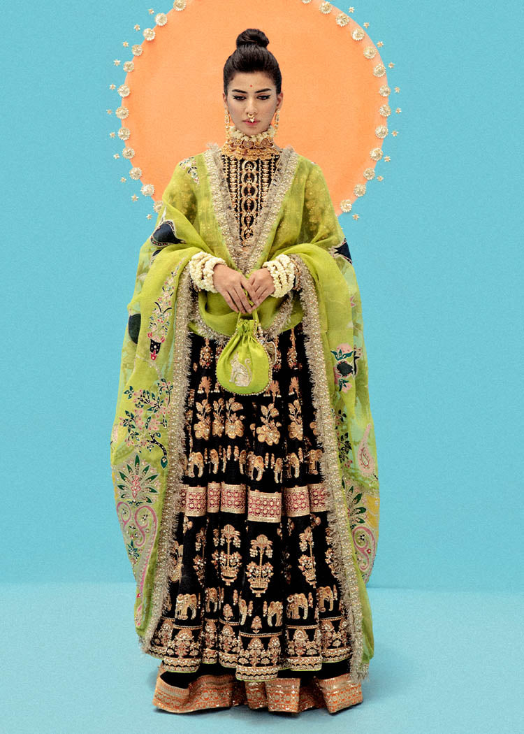 Black Gold Embroidered Raw Silk Pishwas (3-Piece) - Image 1