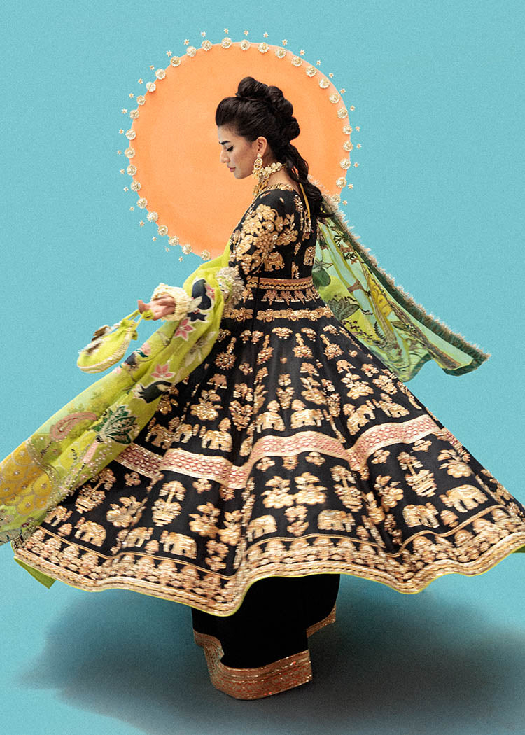 Pakistani Black Gold Embroidered Raw Silk Pishwas (3-Piece) - Image 4