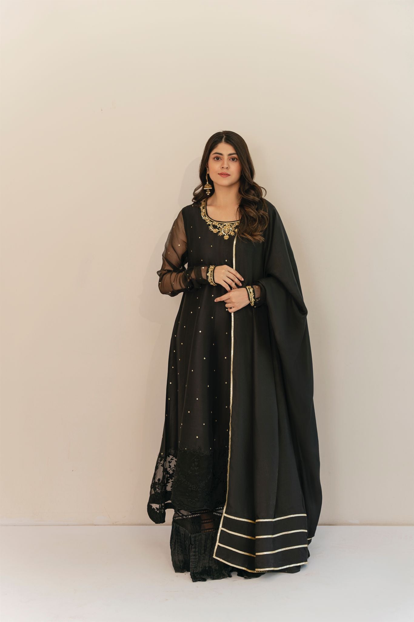 Pakistani Jet Black Embroidered Raw Silk Pishwas (3-Piece) - Image 1