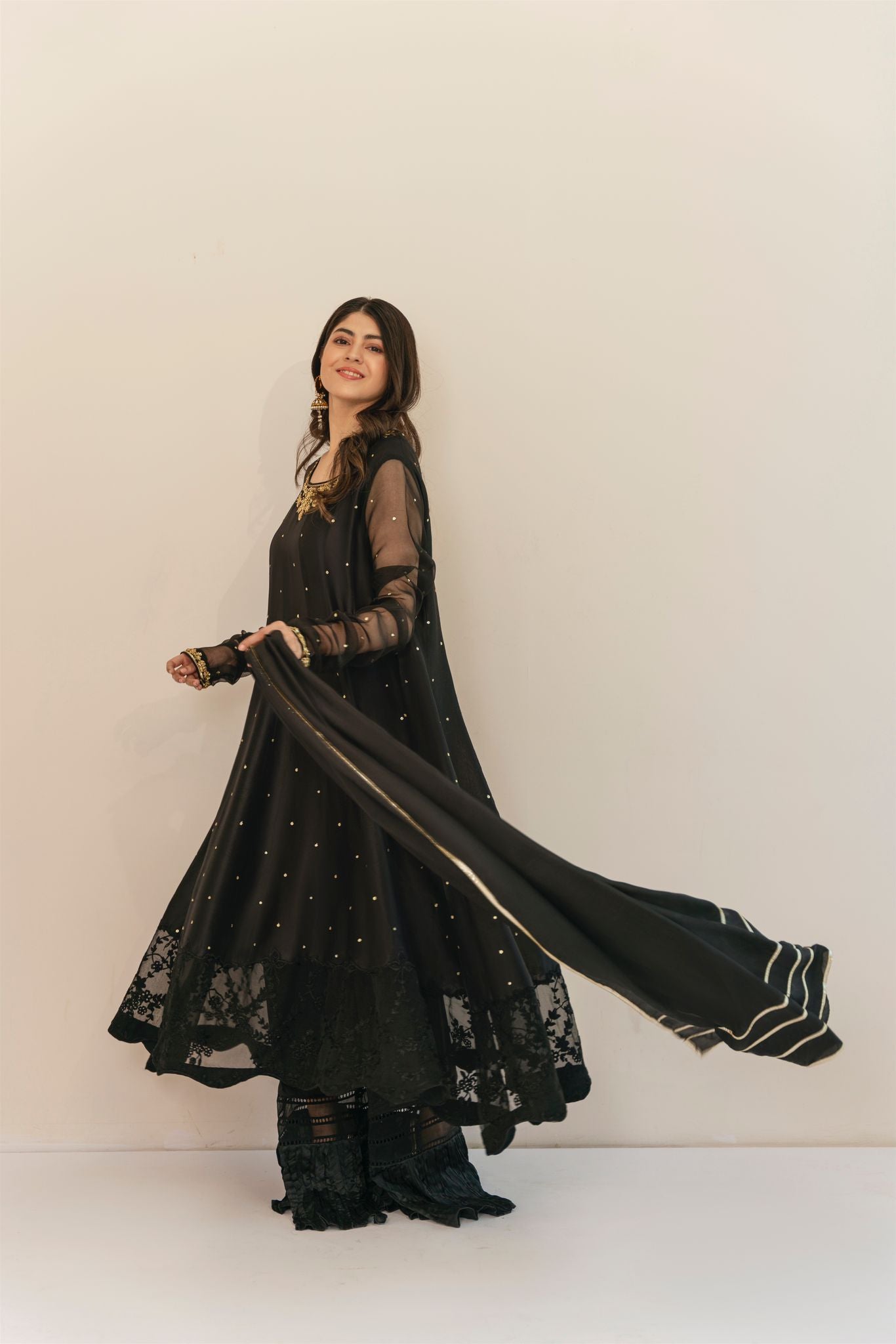 Pakistani Jet Black Embroidered Raw Silk Pishwas (3-Piece) - Image 2