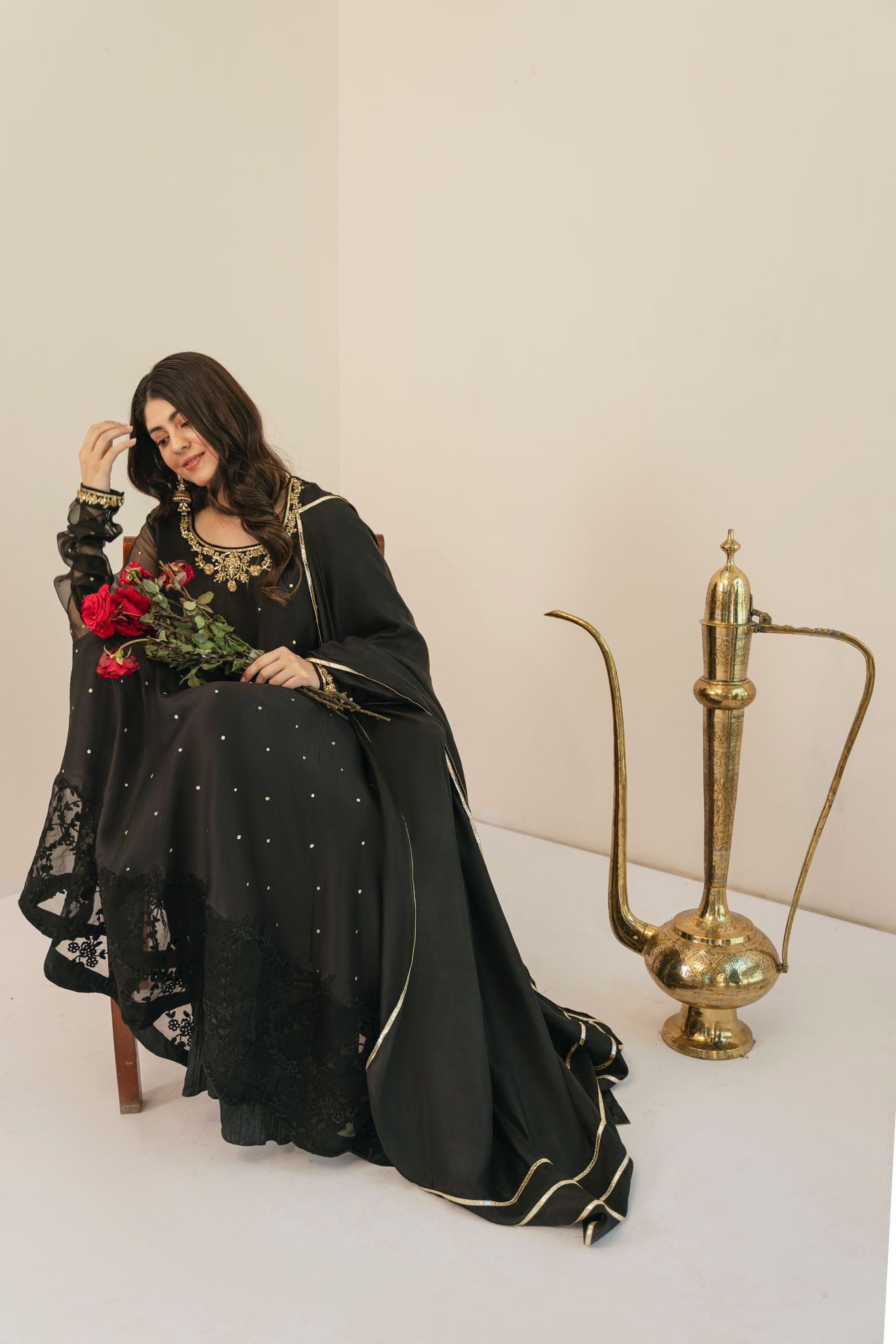 Pakistani Jet Black Embroidered Raw Silk Pishwas (3-Piece) - Image 3