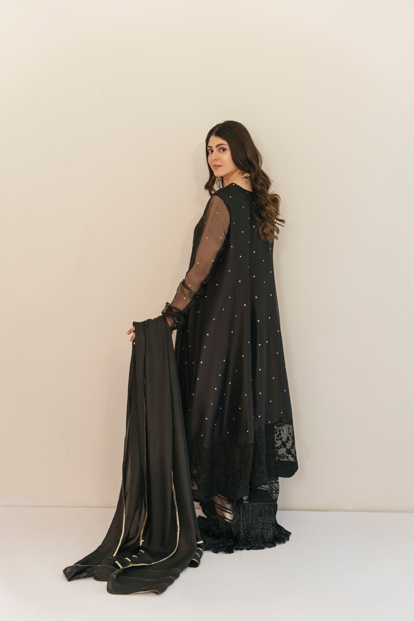 Pakistani Jet Black Embroidered Raw Silk Pishwas (3-Piece) - Image 4