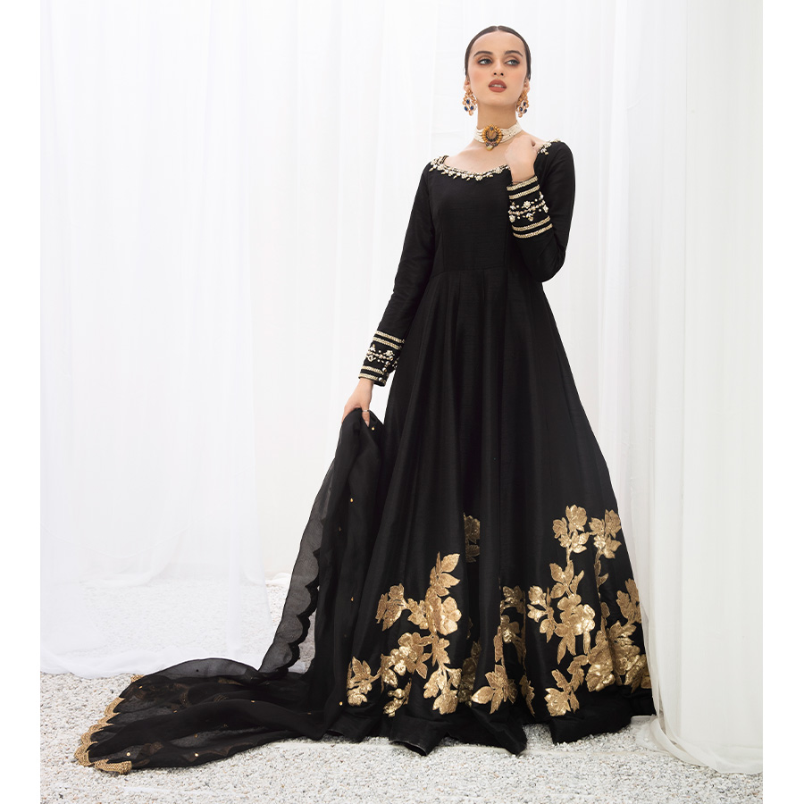 Pakistani Black Embellished Indian Raw Silk Pishwas (2-Piece) - Image 5