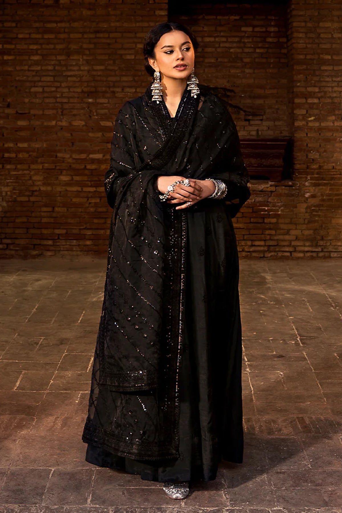 Black Sequinned Raw Silk Pishwas Dress (3-Piece) - Image 1