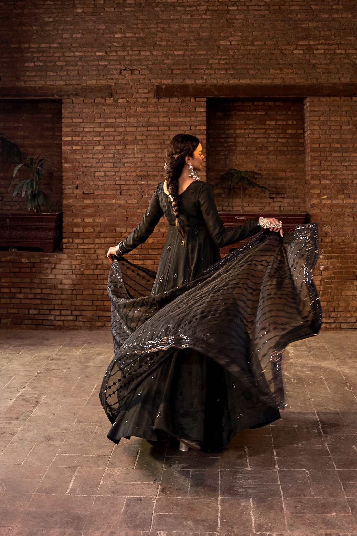 Black Sequinned Raw Silk Pishwas Dress (3-Piece) - Image 2