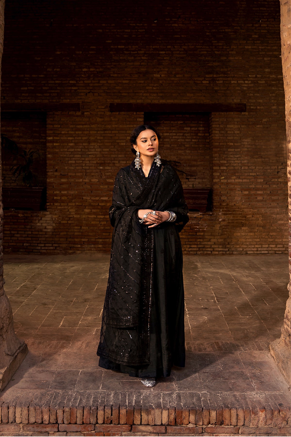 Black Sequinned Raw Silk Pishwas Dress (3-Piece) - Image 6