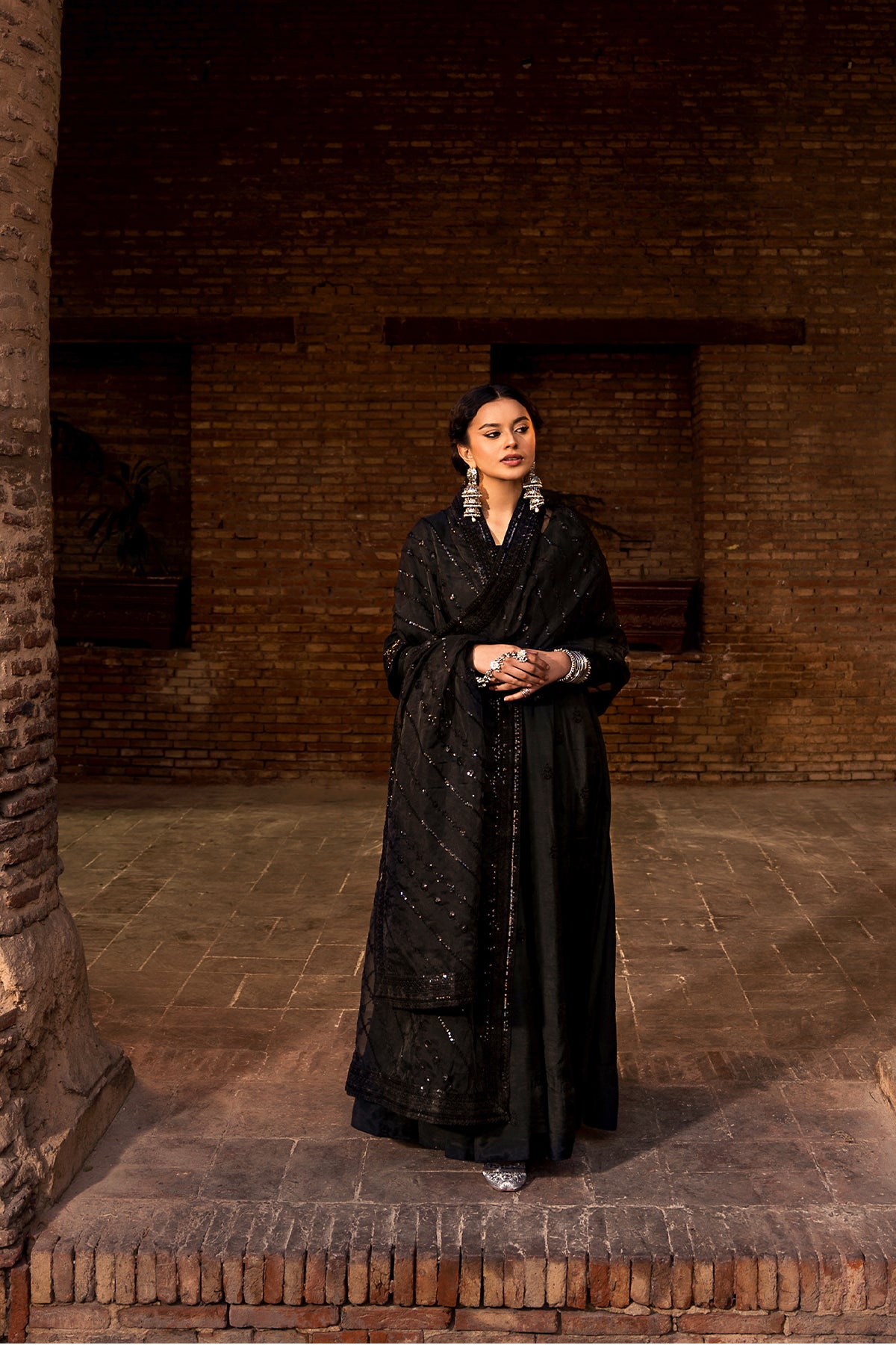 Black Sequinned Raw Silk Pishwas Dress (3-Piece) - Image 7